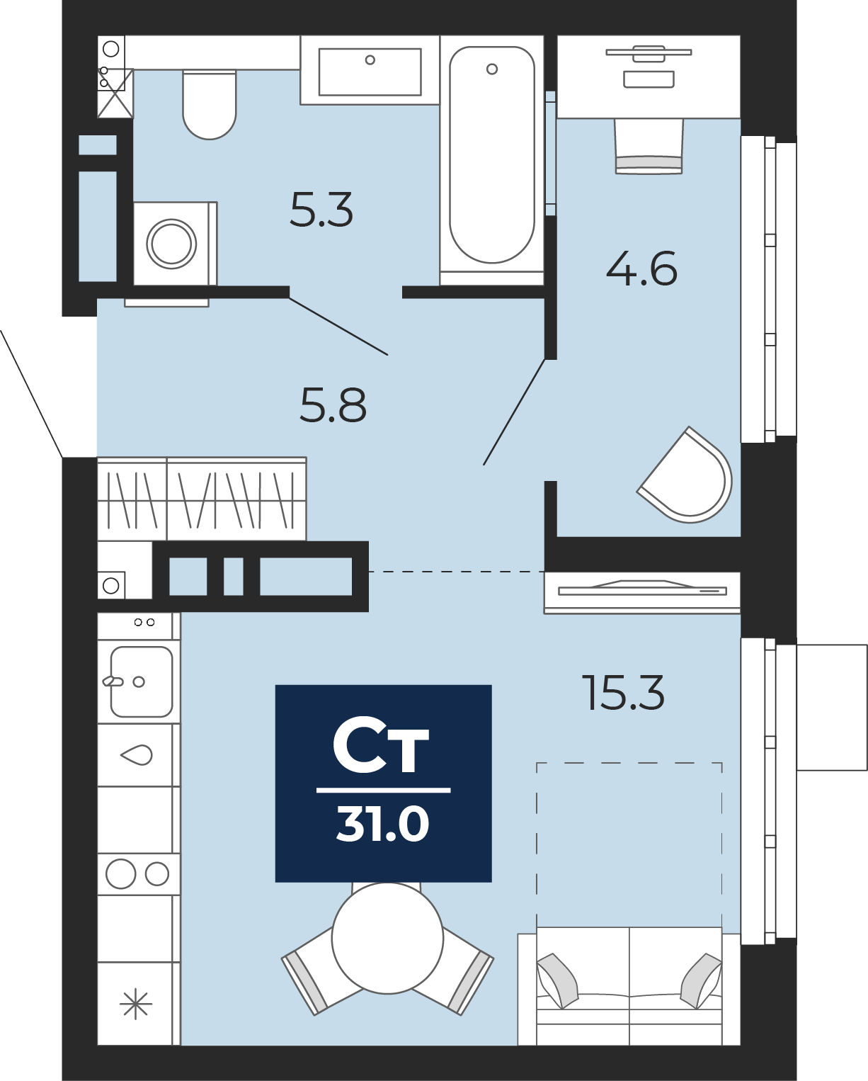 Квартира № 375, Студия, 31.39 кв. м, 12 этаж