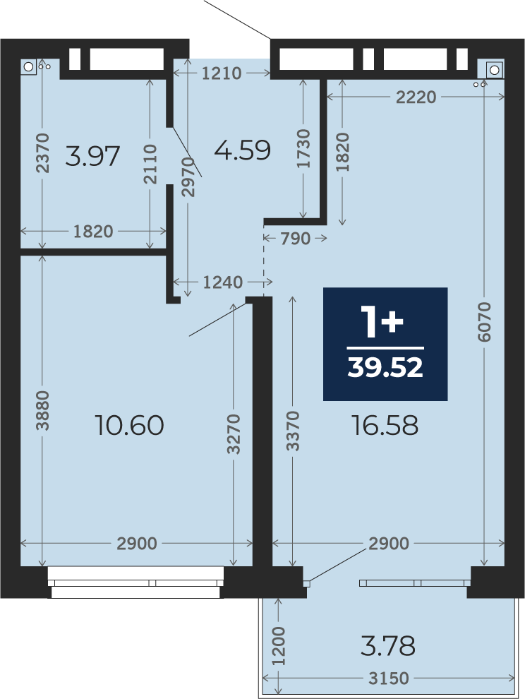 Квартира № 316, 1-комнатная, 39.52 кв. м, 21 этаж