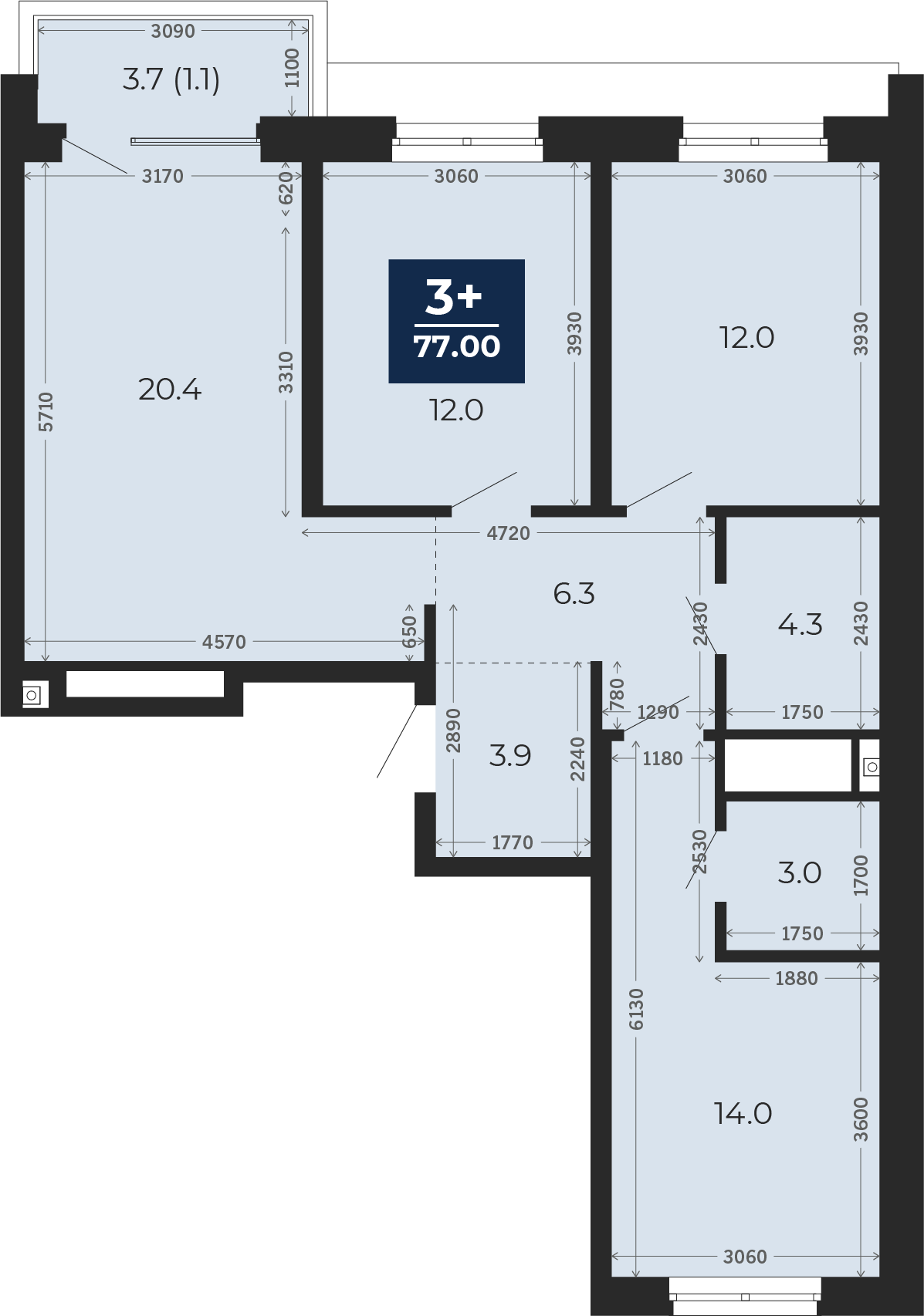 Квартира № 261, 3-комнатная, 79.6 кв. м, 12 этаж