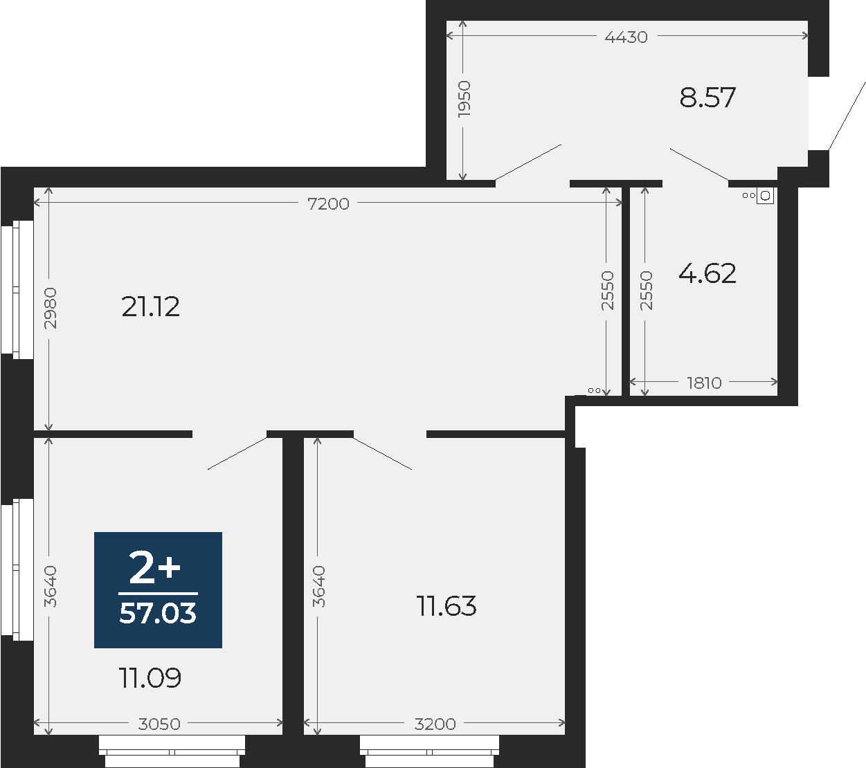 Квартира № 322, 2-комнатная, 57.03 кв. м, 24 этаж