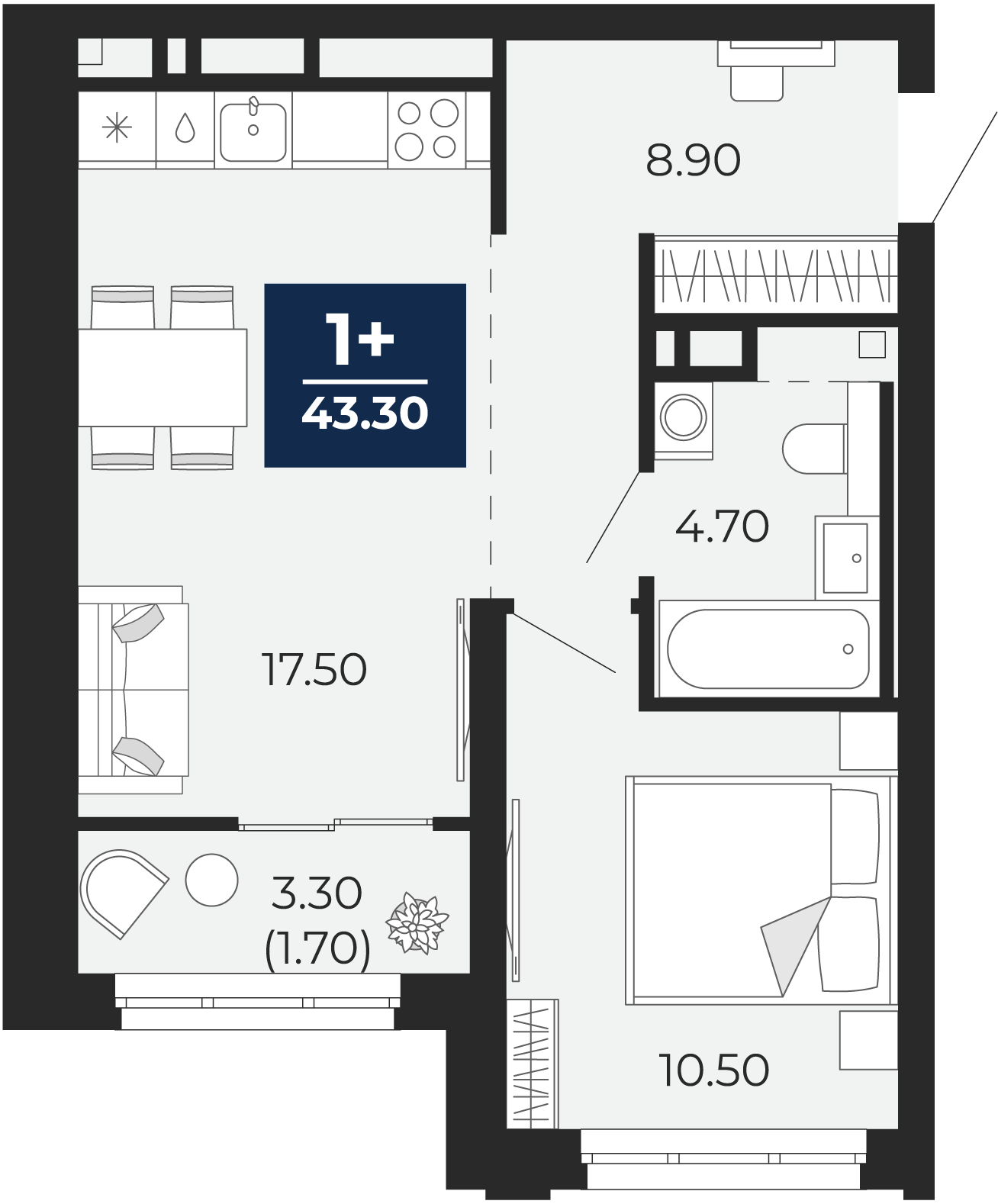 Квартира № 322, 1-комнатная, 43.3 кв. м, 13 этаж