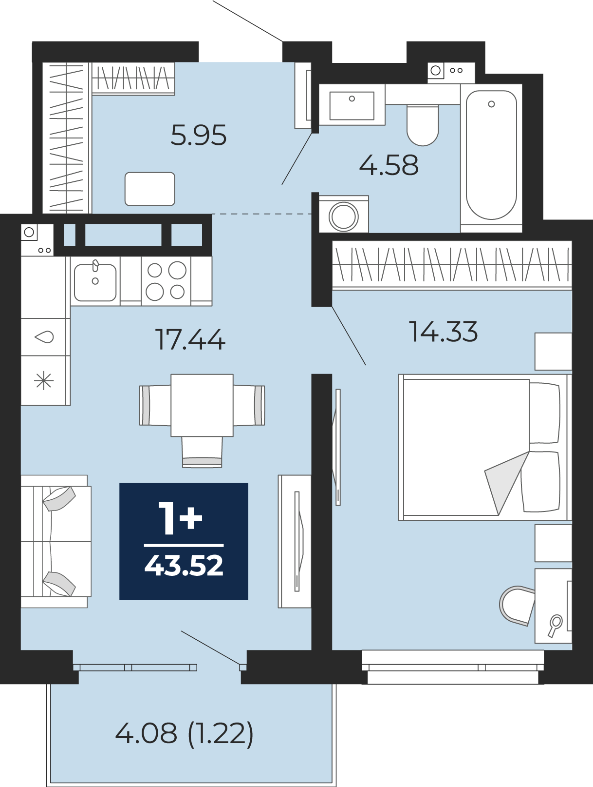 Квартира № 111, 1-комнатная, 43.52 кв. м, 15 этаж