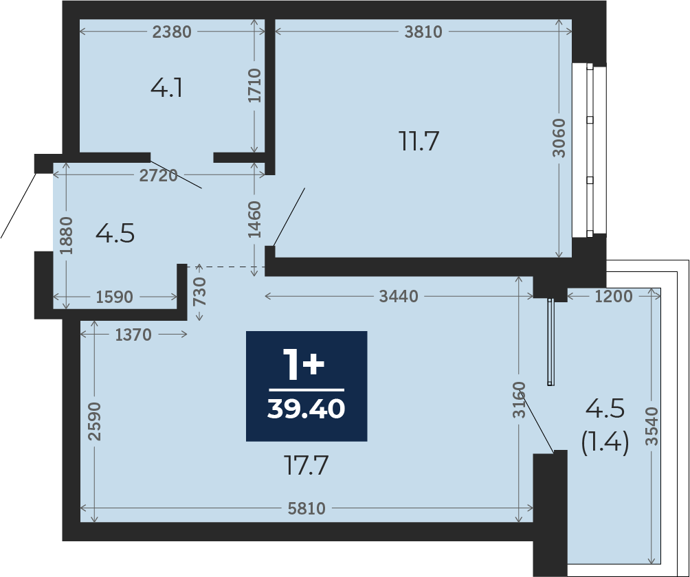 Квартира № 452, 1-комнатная, 42.5 кв. м, 12 этаж