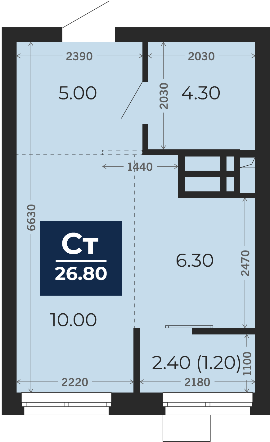 Квартира № 93, Студия, 26.8 кв. м, 15 этаж