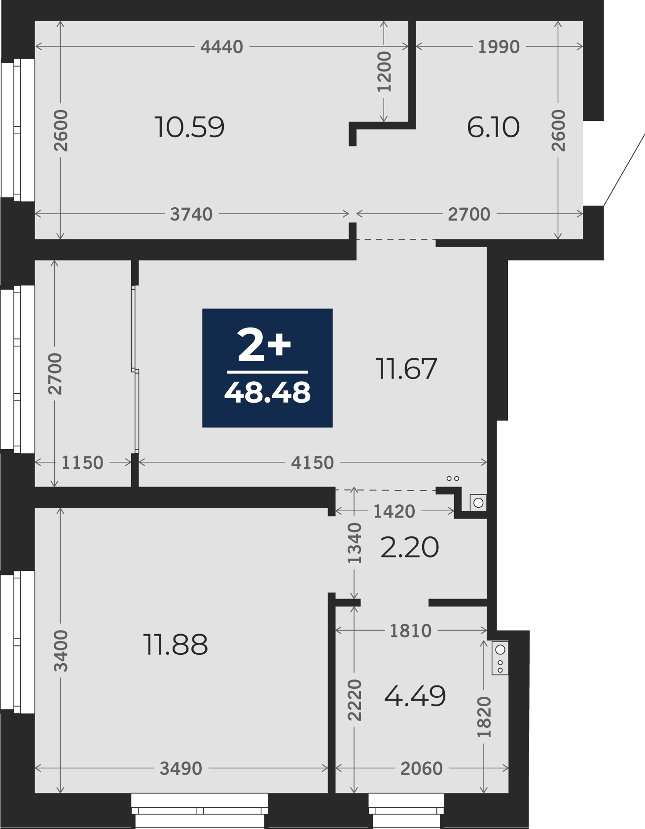 Квартира № 116, 2-комнатная, 48.48 кв. м, 13 этаж