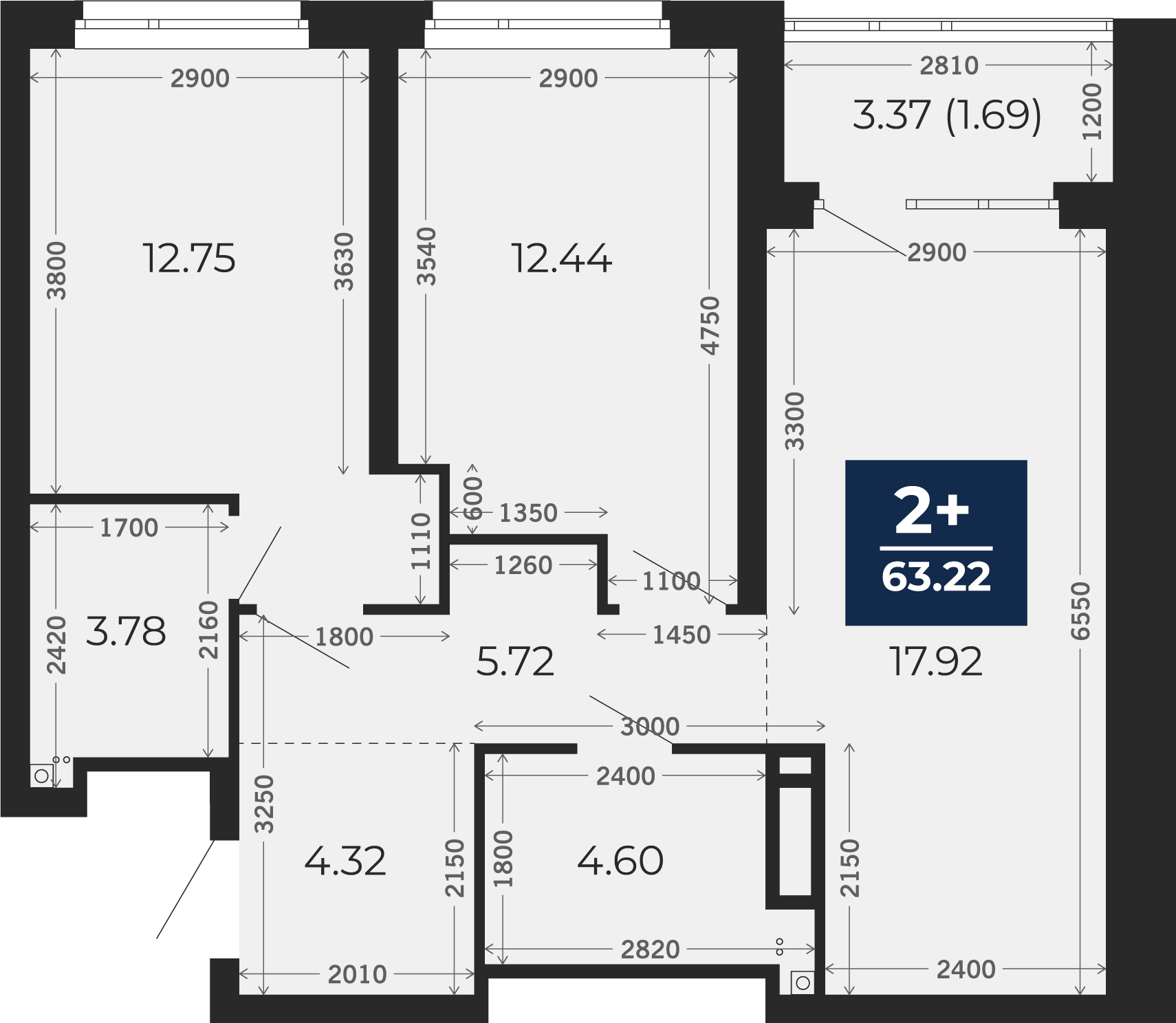 Квартира № 37, 2-комнатная, 63.22 кв. м, 6 этаж