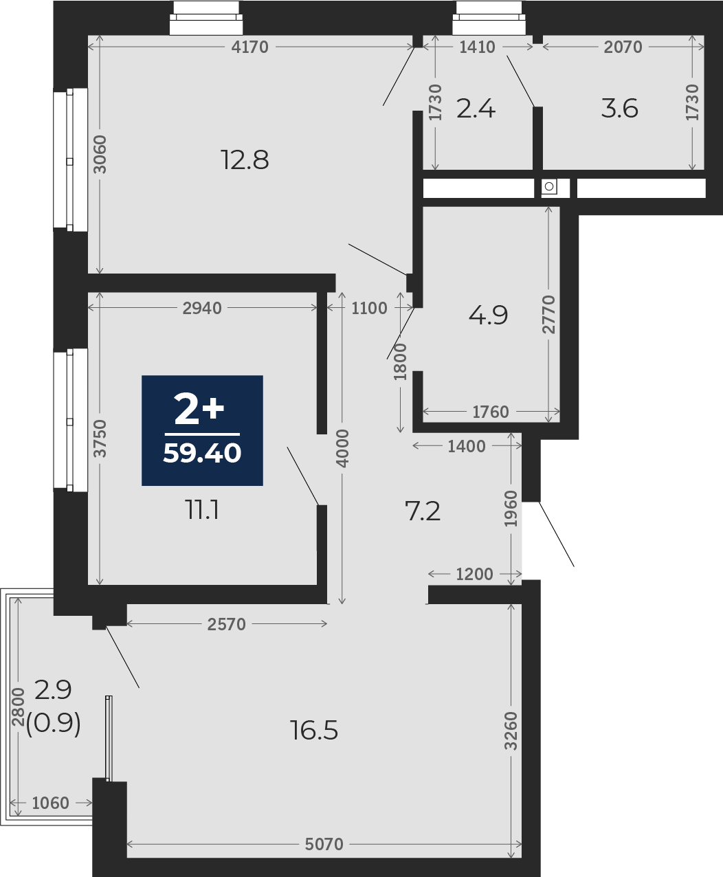 Квартира № 456, 2-комнатная, 59.4 кв. м, 13 этаж
