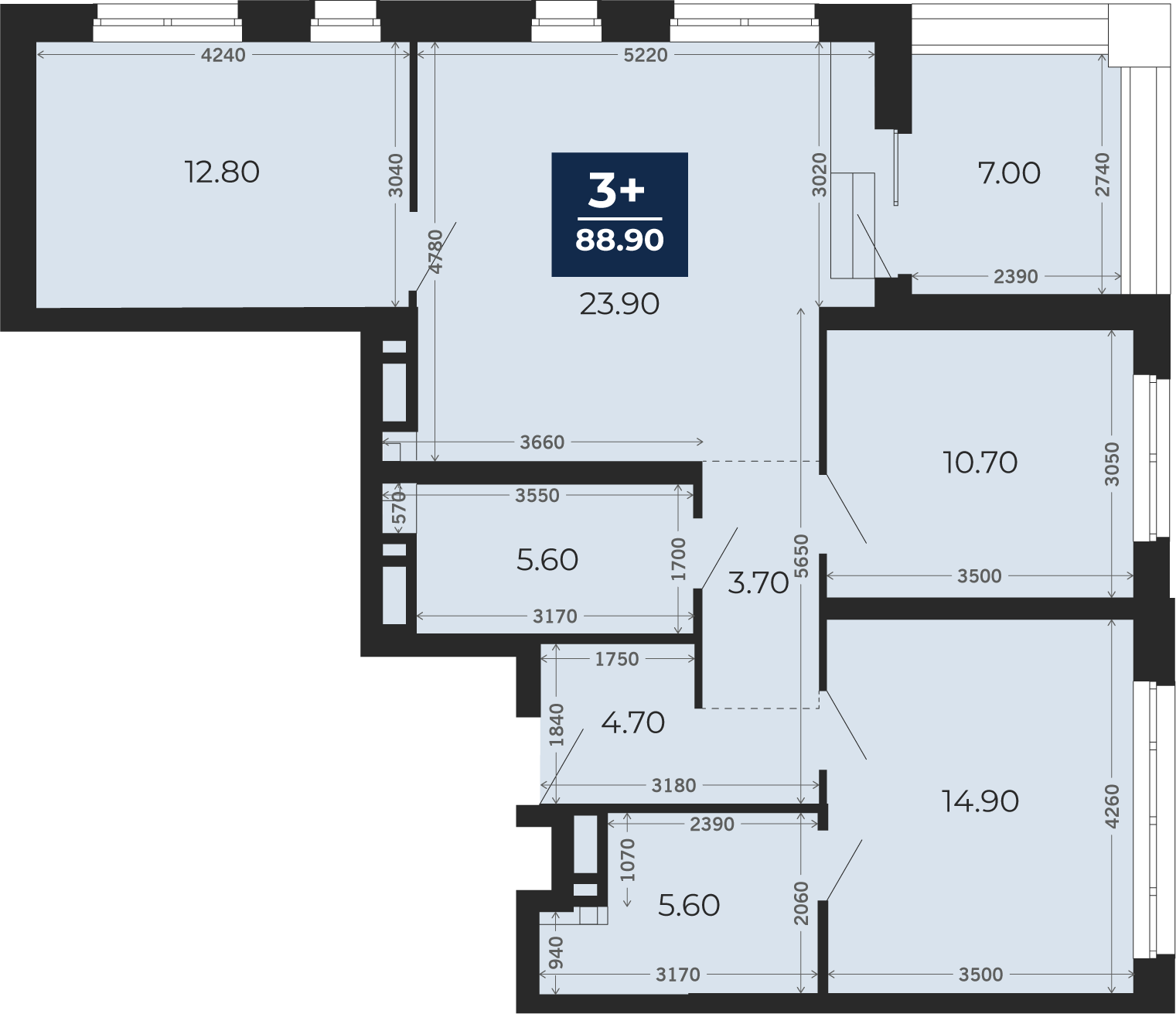 Квартира № 108, 3-комнатная, 88.9 кв. м, 13 этаж