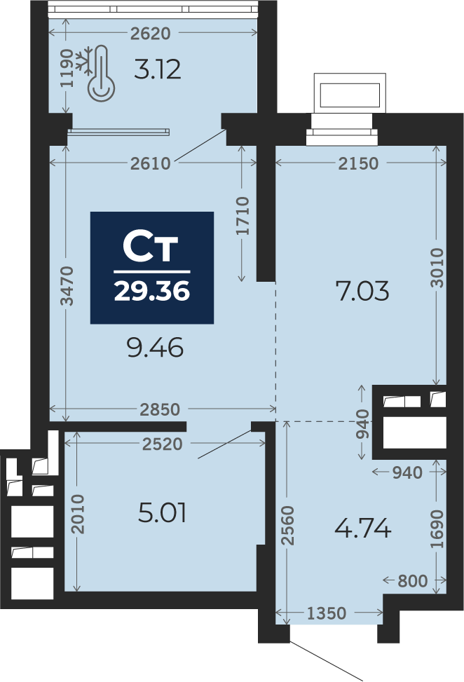 Квартира № 112, Студия, 27.8 кв. м, 15 этаж