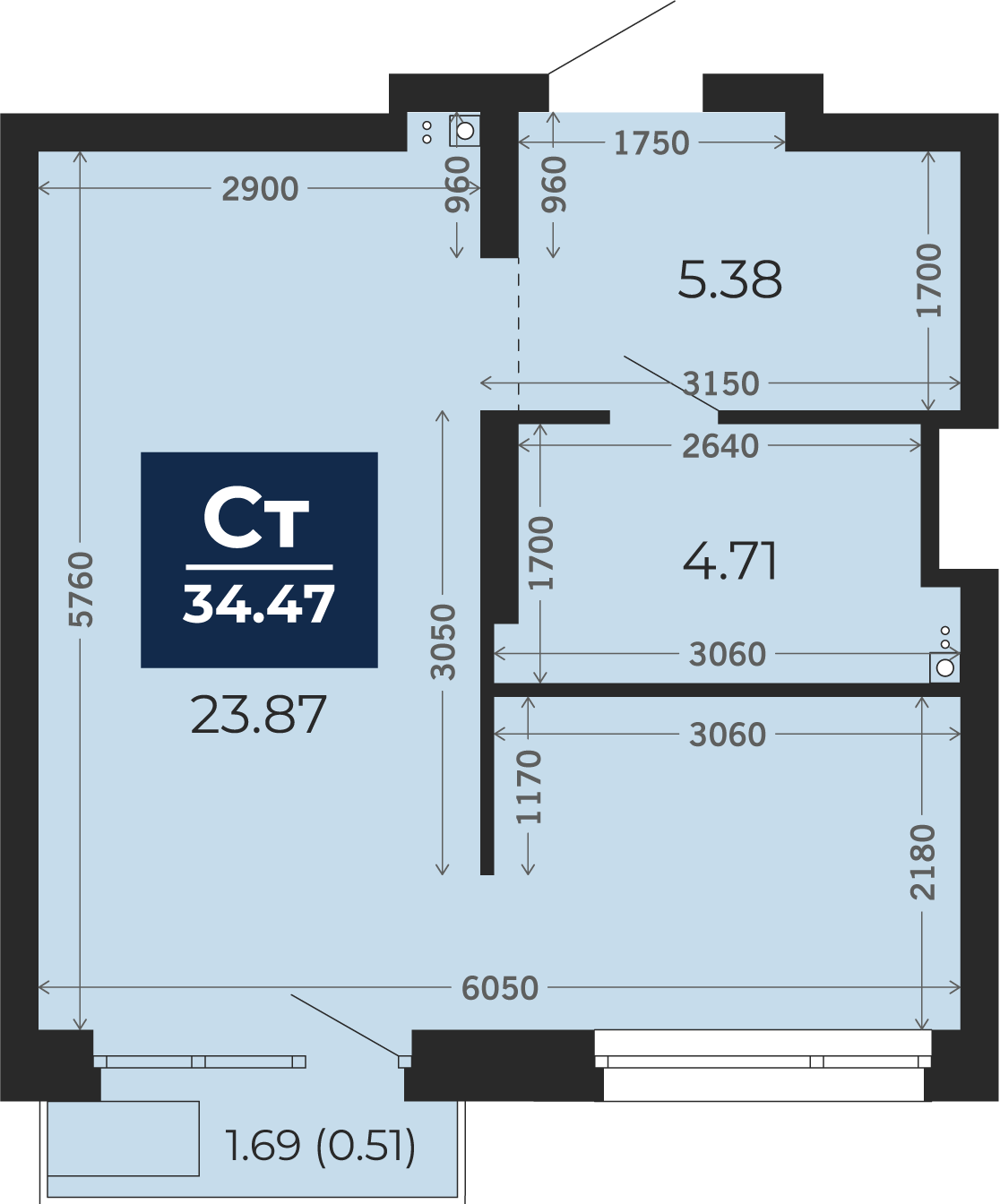 Квартира № 403, Студия, 35.65 кв. м, 14 этаж