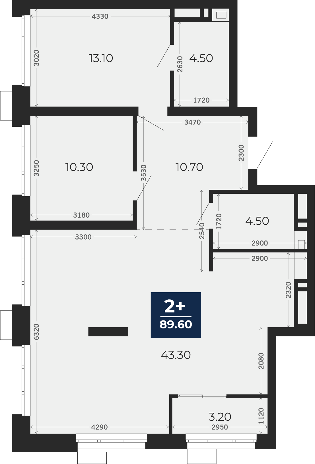 Квартира № 104, 2-комнатная, 89.6 кв. м, 3 этаж