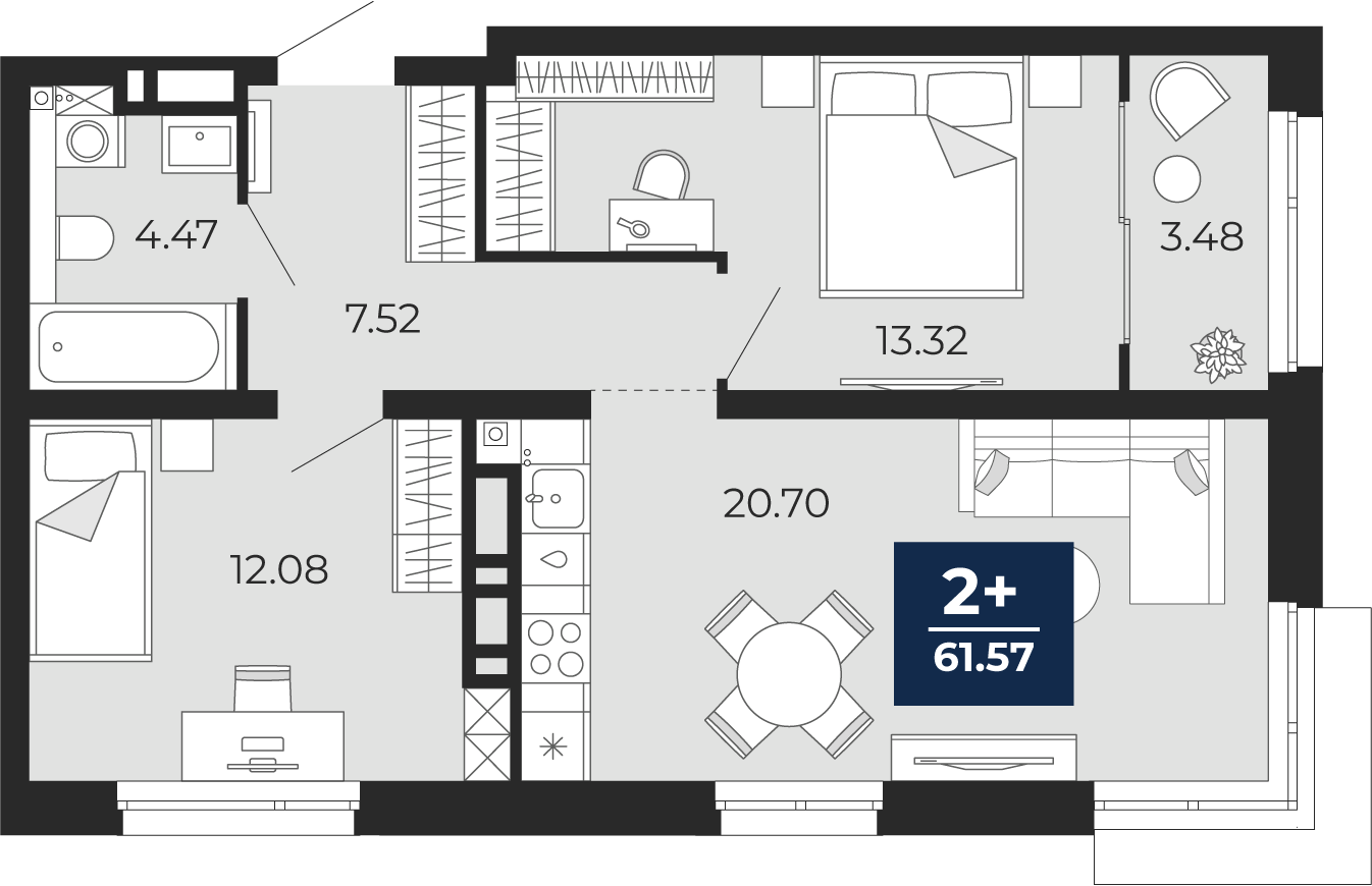 Квартира № 320, 2-комнатная, 61.57 кв. м, 2 этаж