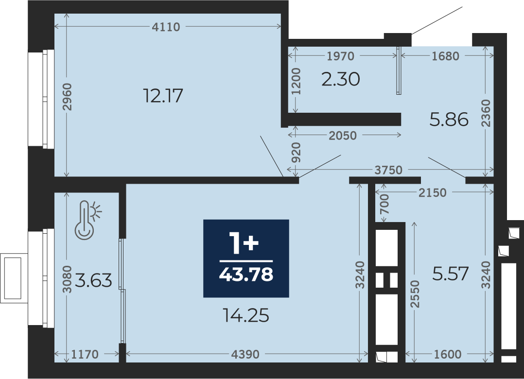 Квартира № 370, 1-комнатная, 43.78 кв. м, 13 этаж