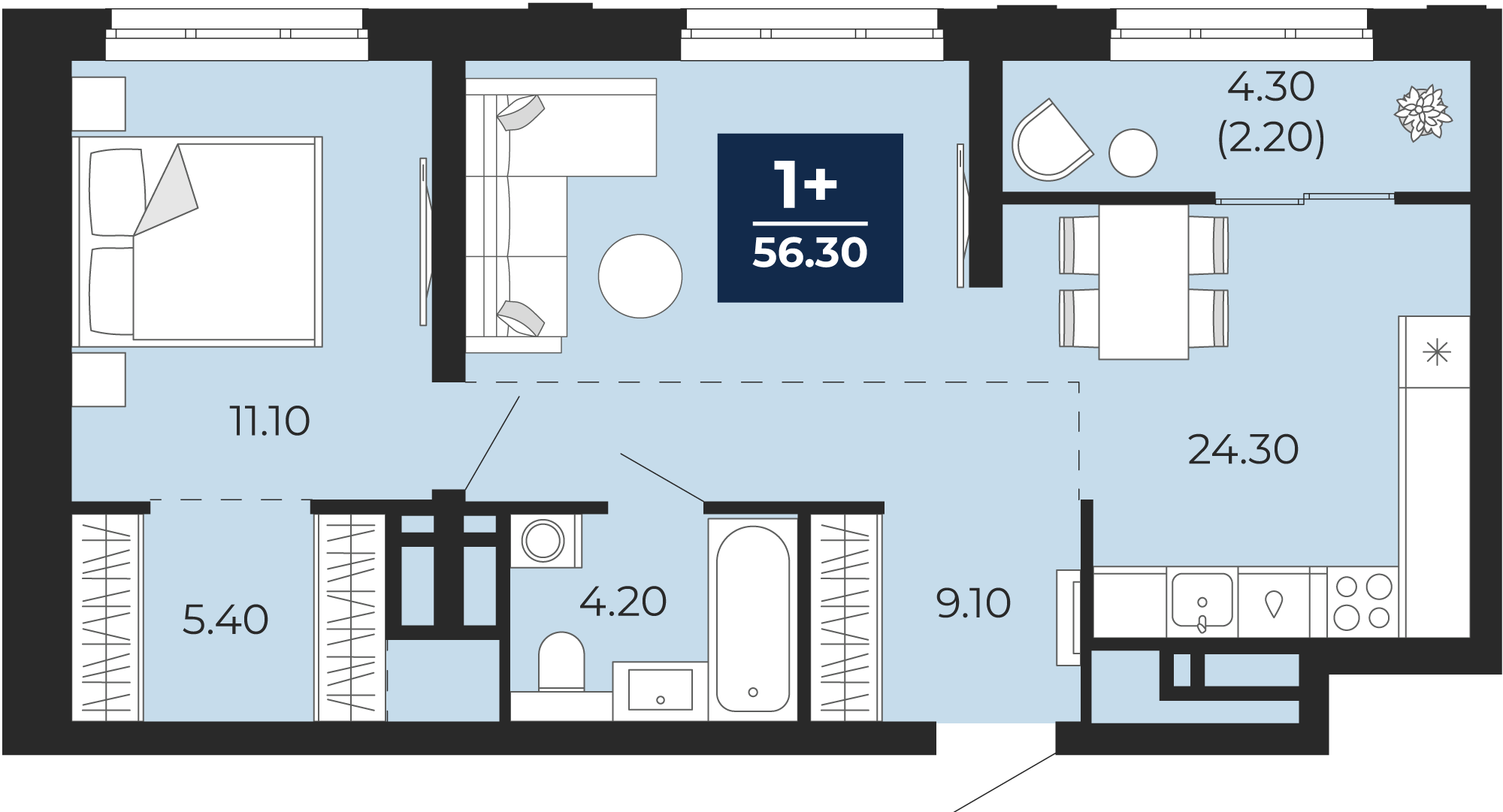 Квартира № 353, 1-комнатная, 56.3 кв. м, 18 этаж