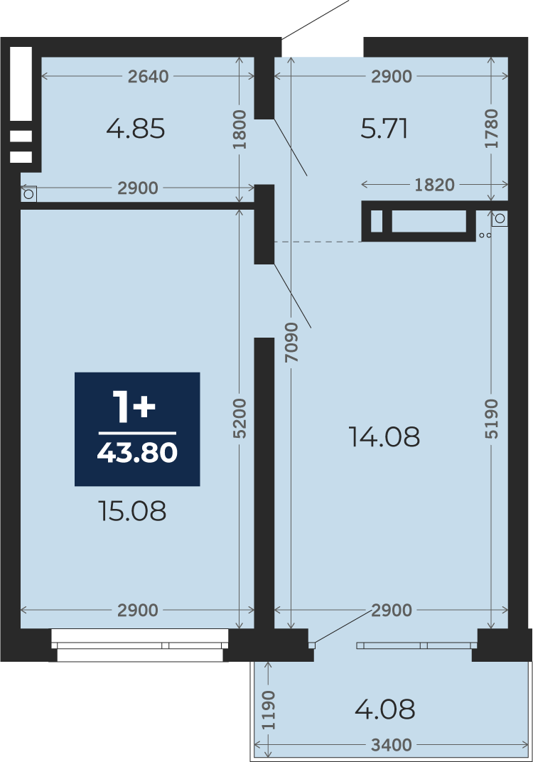 Квартира № 105, 1-комнатная, 43.8 кв. м, 14 этаж