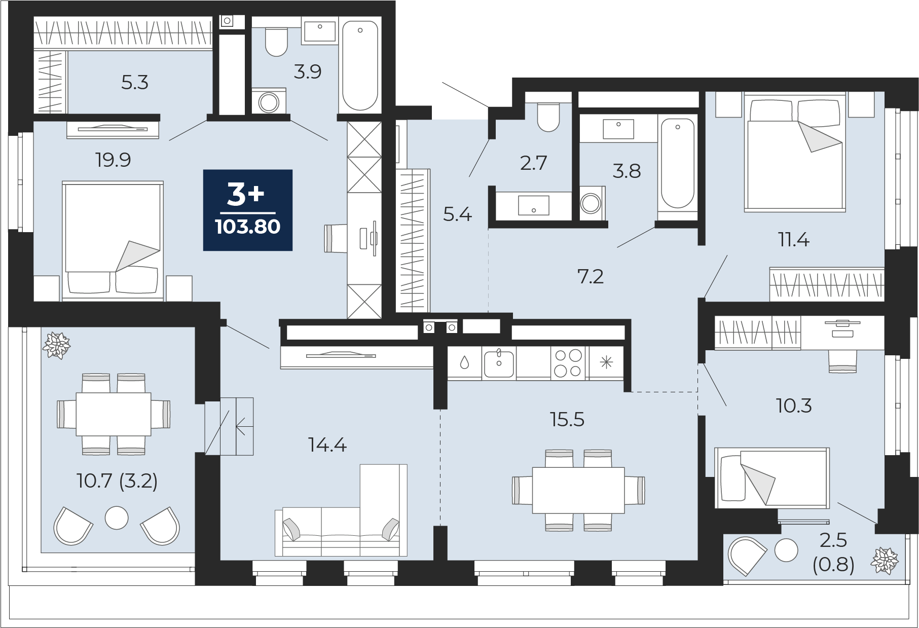 Планировка: 4-комнатная евро 113 м² в ЖК Мириады, Мыс