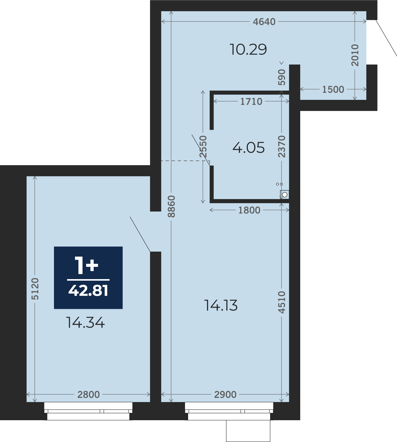 Квартира № 92, 1-комнатная, 42.81 кв. м, 1 этаж