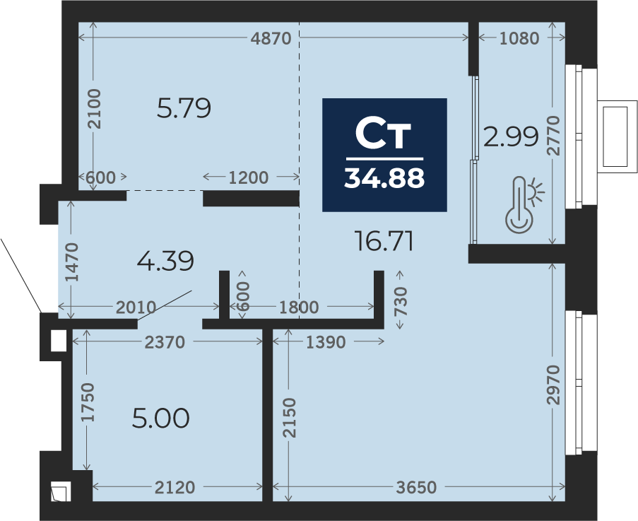 Квартира № 2, Студия, 34.88 кв. м, 2 этаж