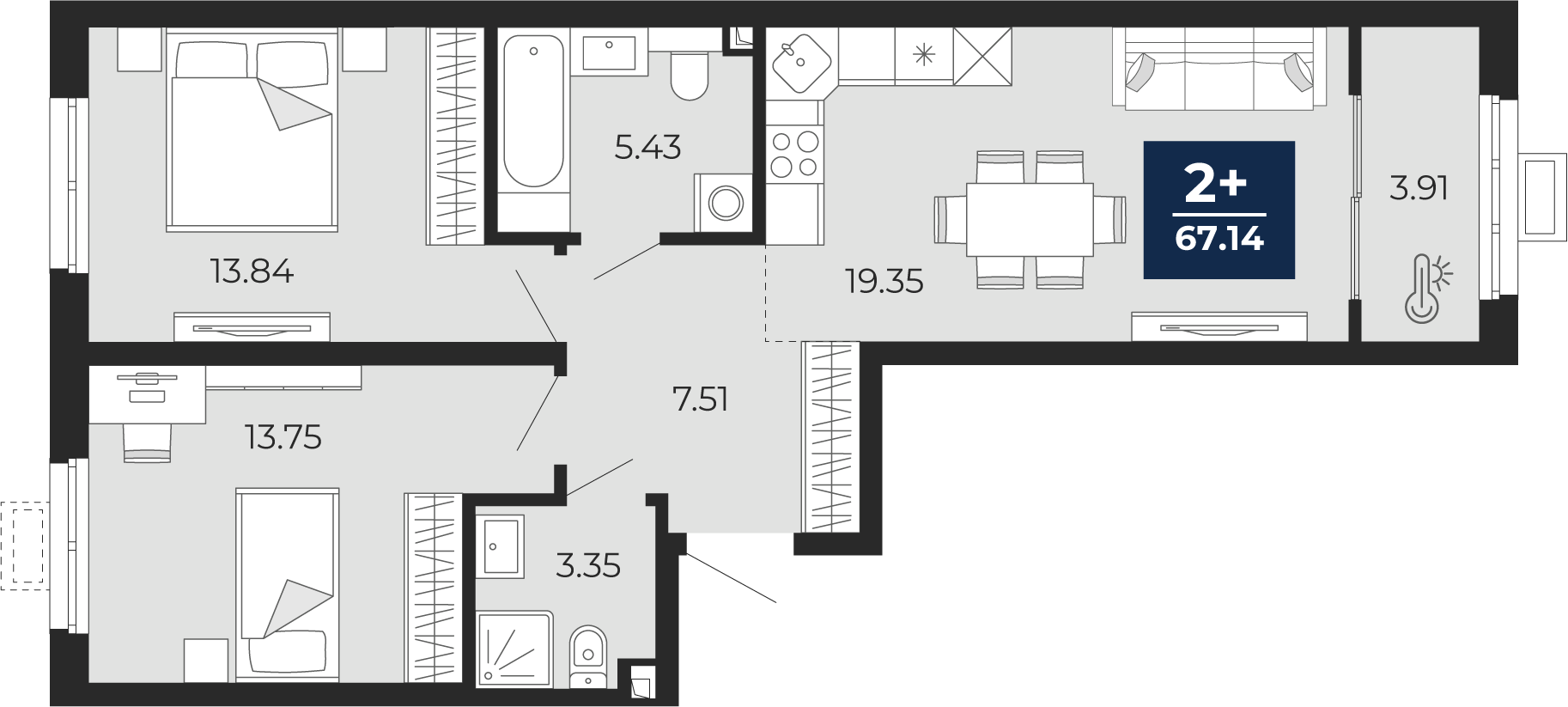 Квартира № 7, 2-комнатная, 67.14 кв. м, 2 этаж