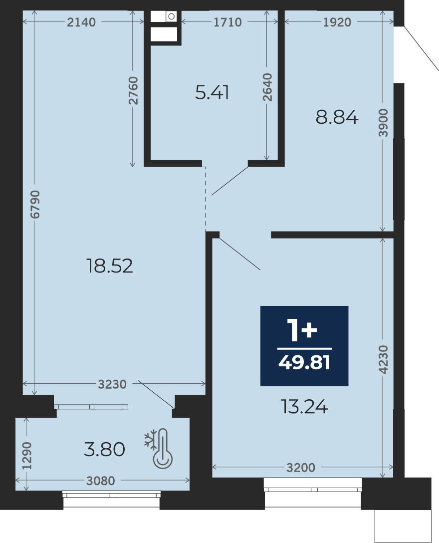Квартира № 2, 1-комнатная, 49.81 кв. м, 1 этаж