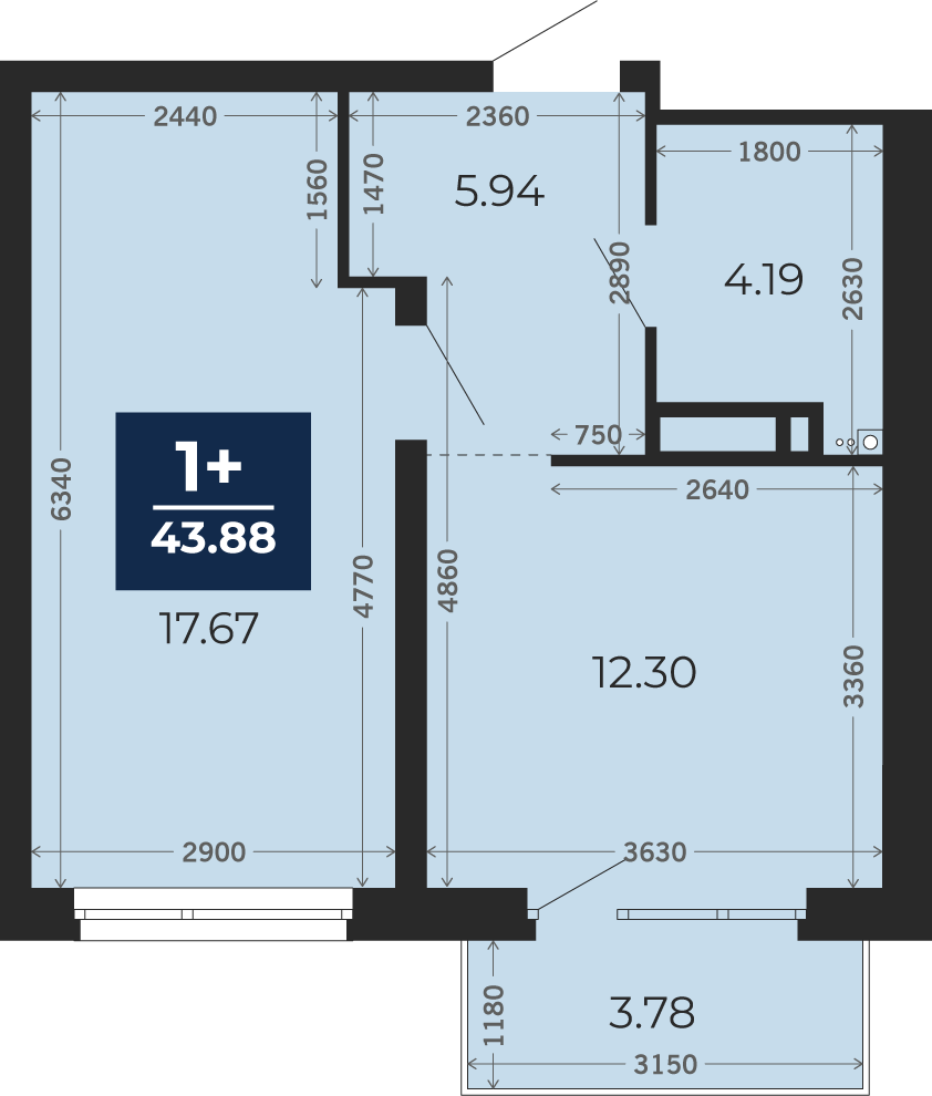Квартира № 198, 1-комнатная, 43.88 кв. м, 10 этаж