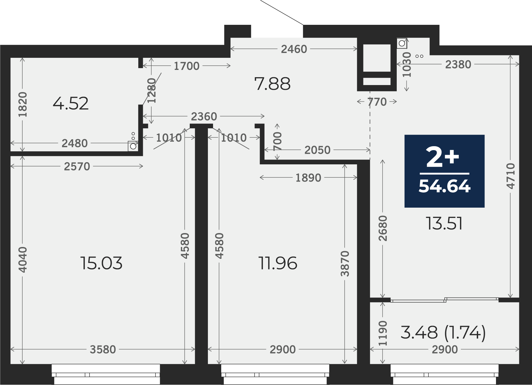 Квартира № 257, 2-комнатная, 54.64 кв. м, 15 этаж