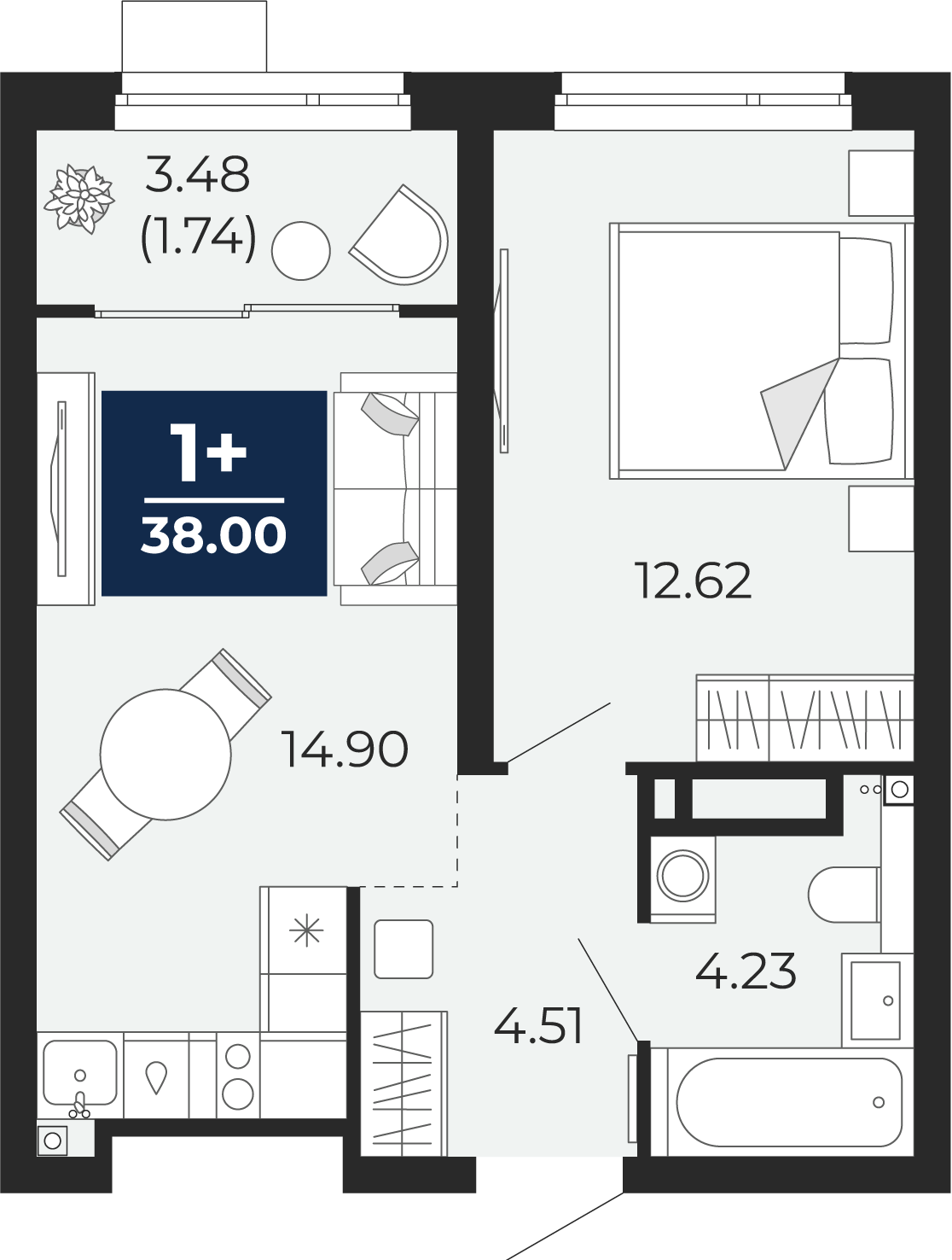 Квартира № 271, 1-комнатная, 38 кв. м, 17 этаж
