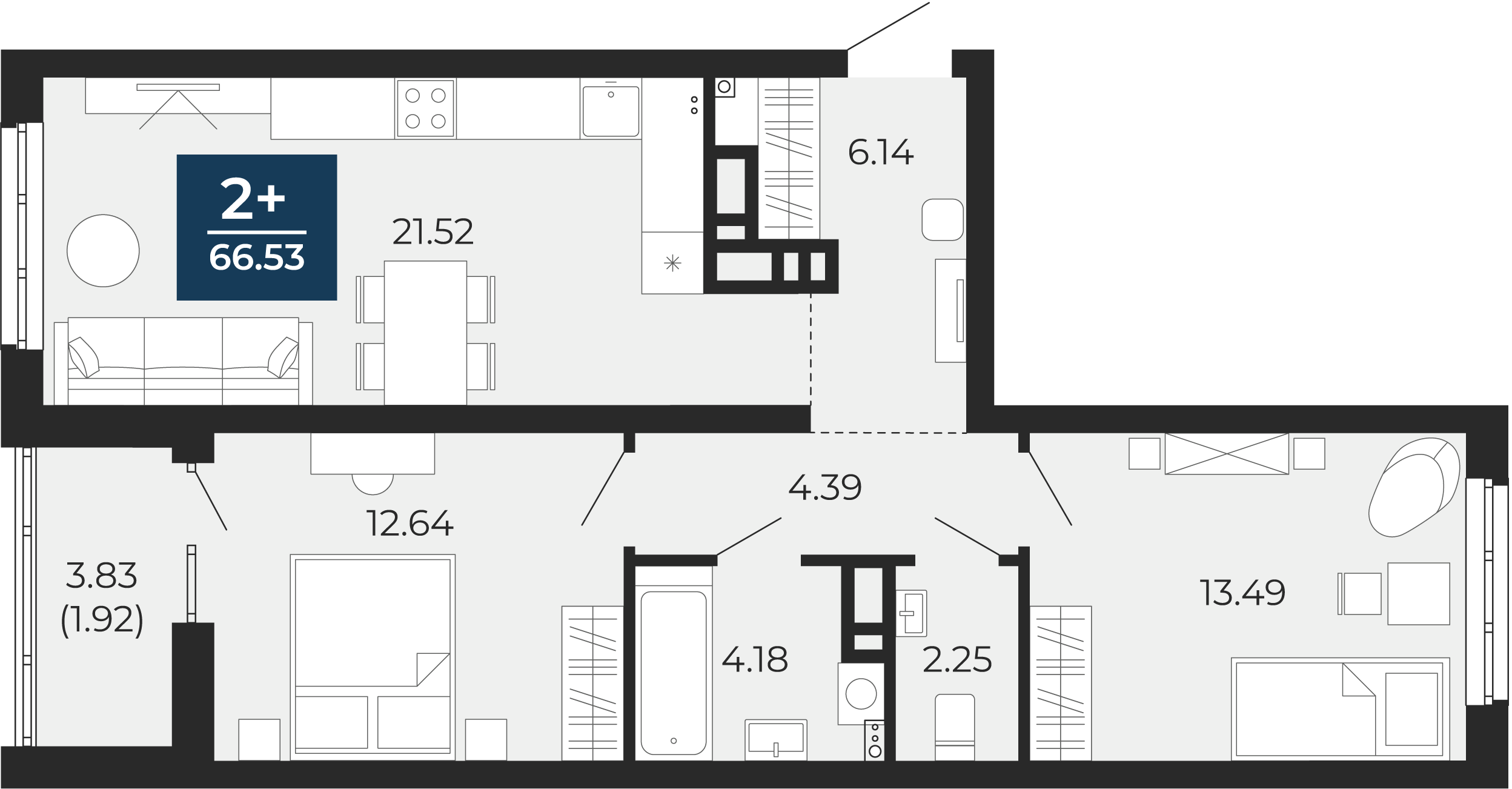 Квартира № 141, 2-комнатная, 66.53 кв. м, 6 этаж