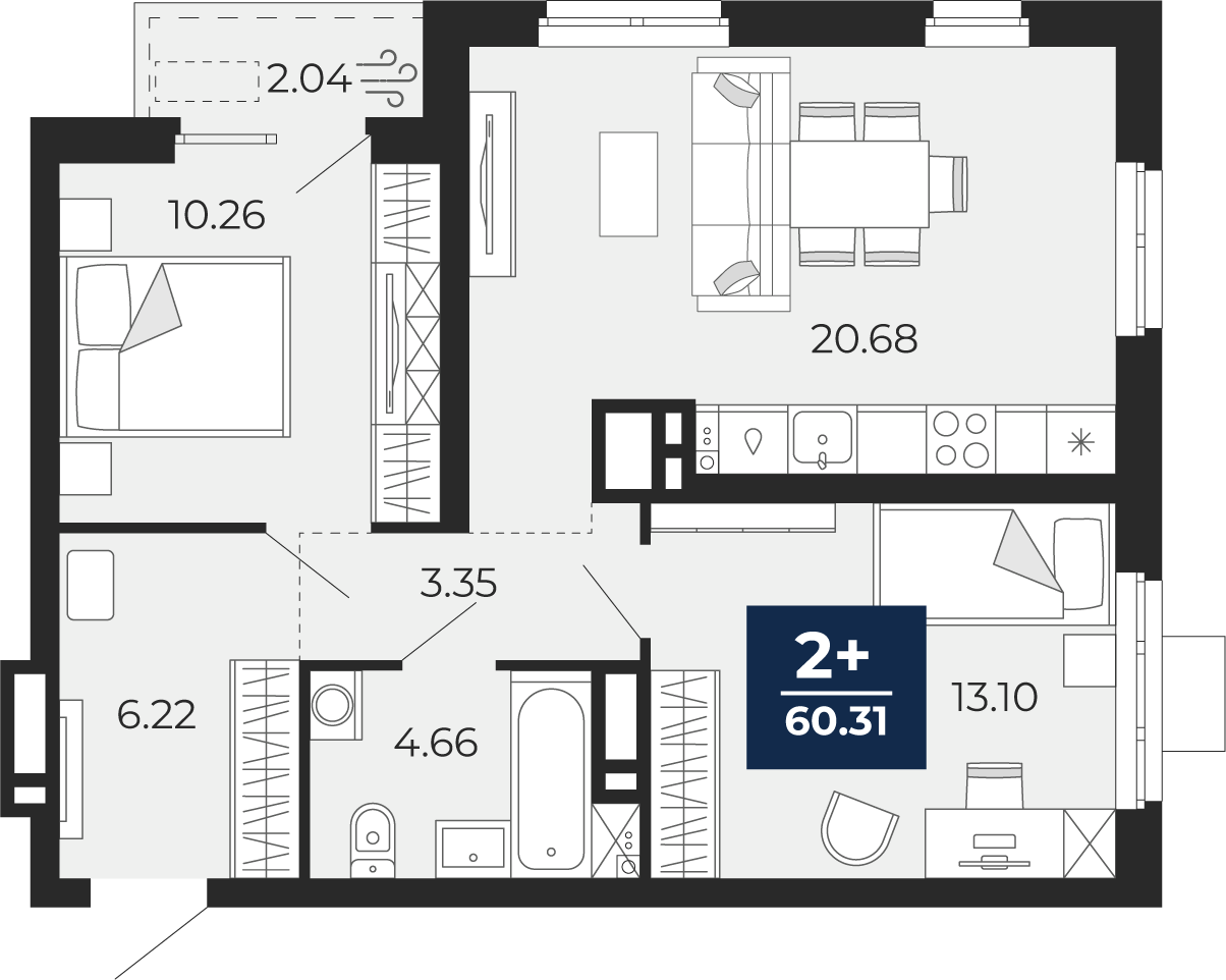 Планировка: Евротрешка 60.1 м² в ЖК Мириады, Мыс