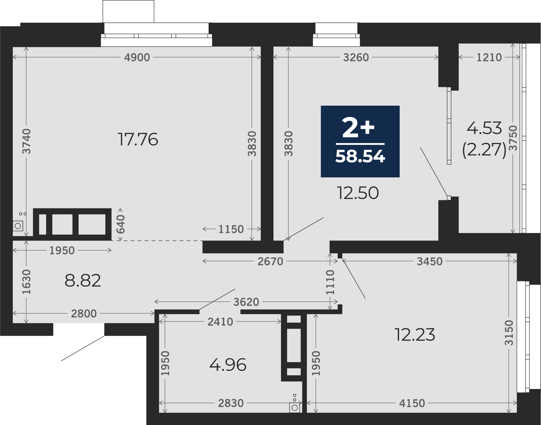 Квартира № 97, 2-комнатная, 58.54 кв. м, 13 этаж