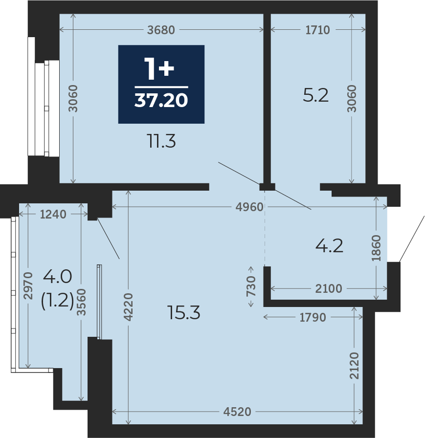 Квартира № 105, 1-комнатная, 37.2 кв. м, 2 этаж