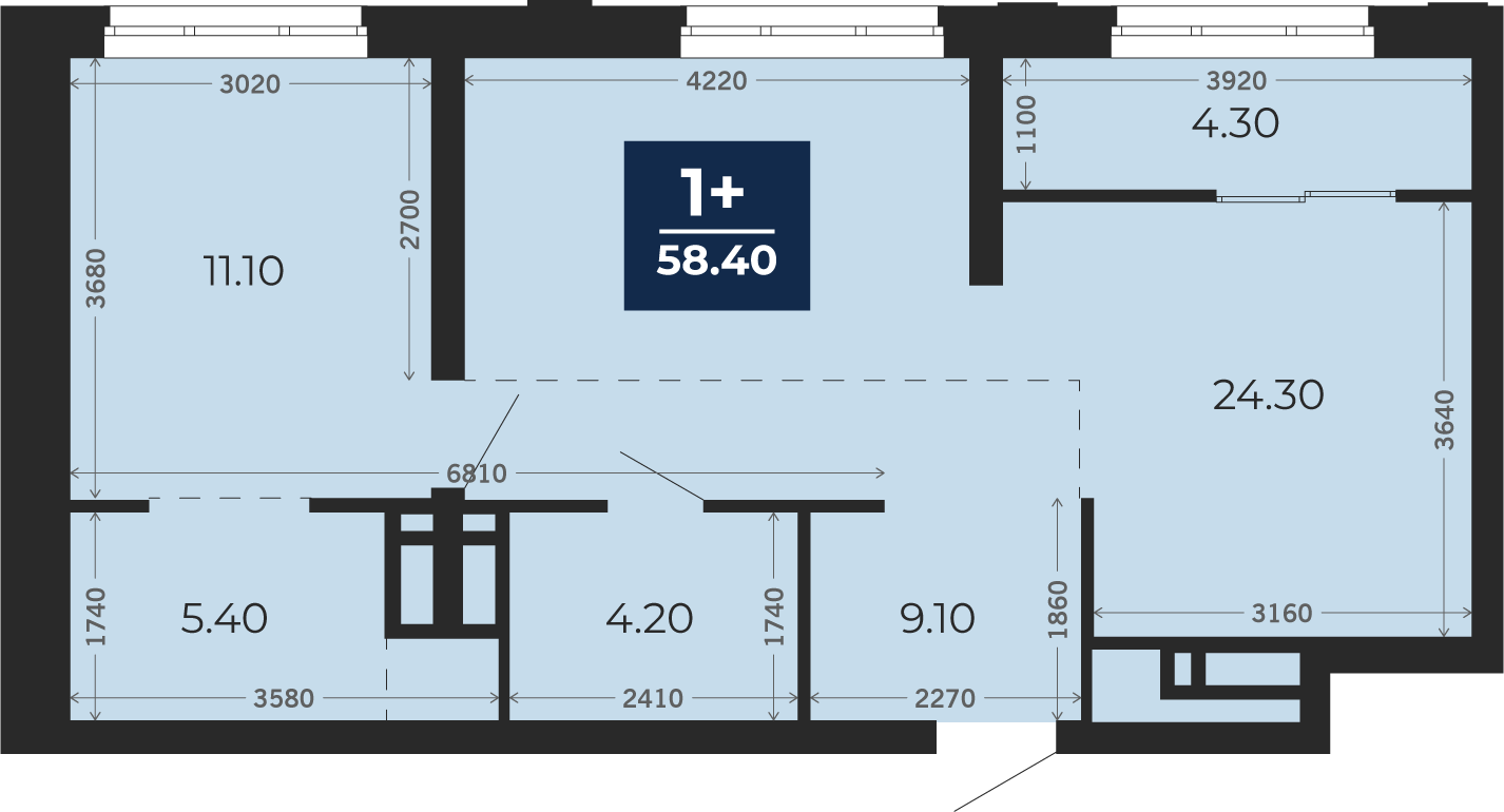 Квартира № 353, 1-комнатная, 58.4 кв. м, 18 этаж