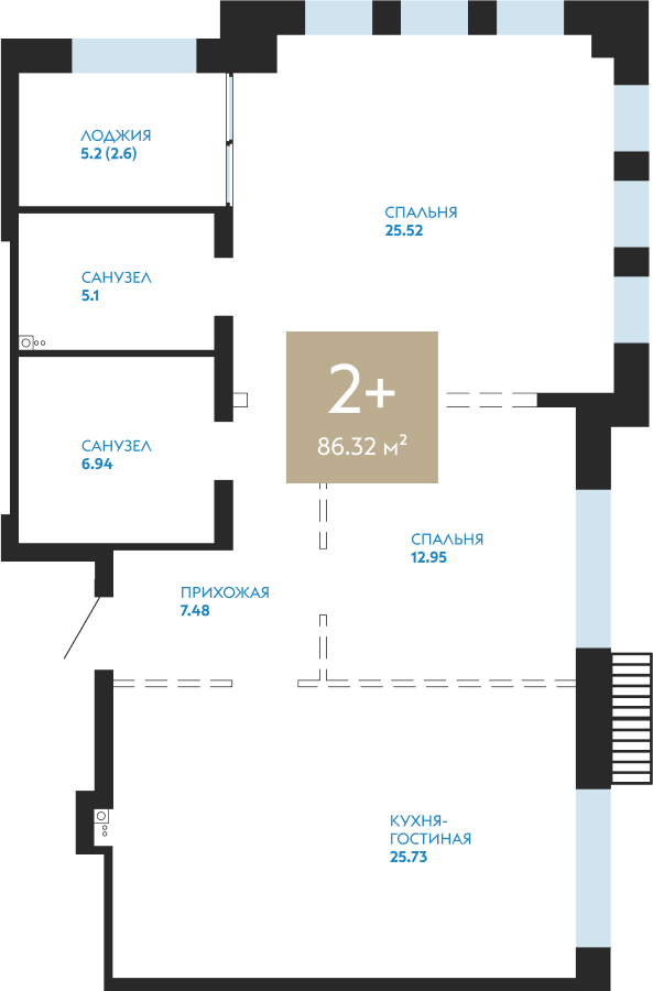 Квартира № 6, 2-комнатная, 86.32 кв. м, 3 этаж