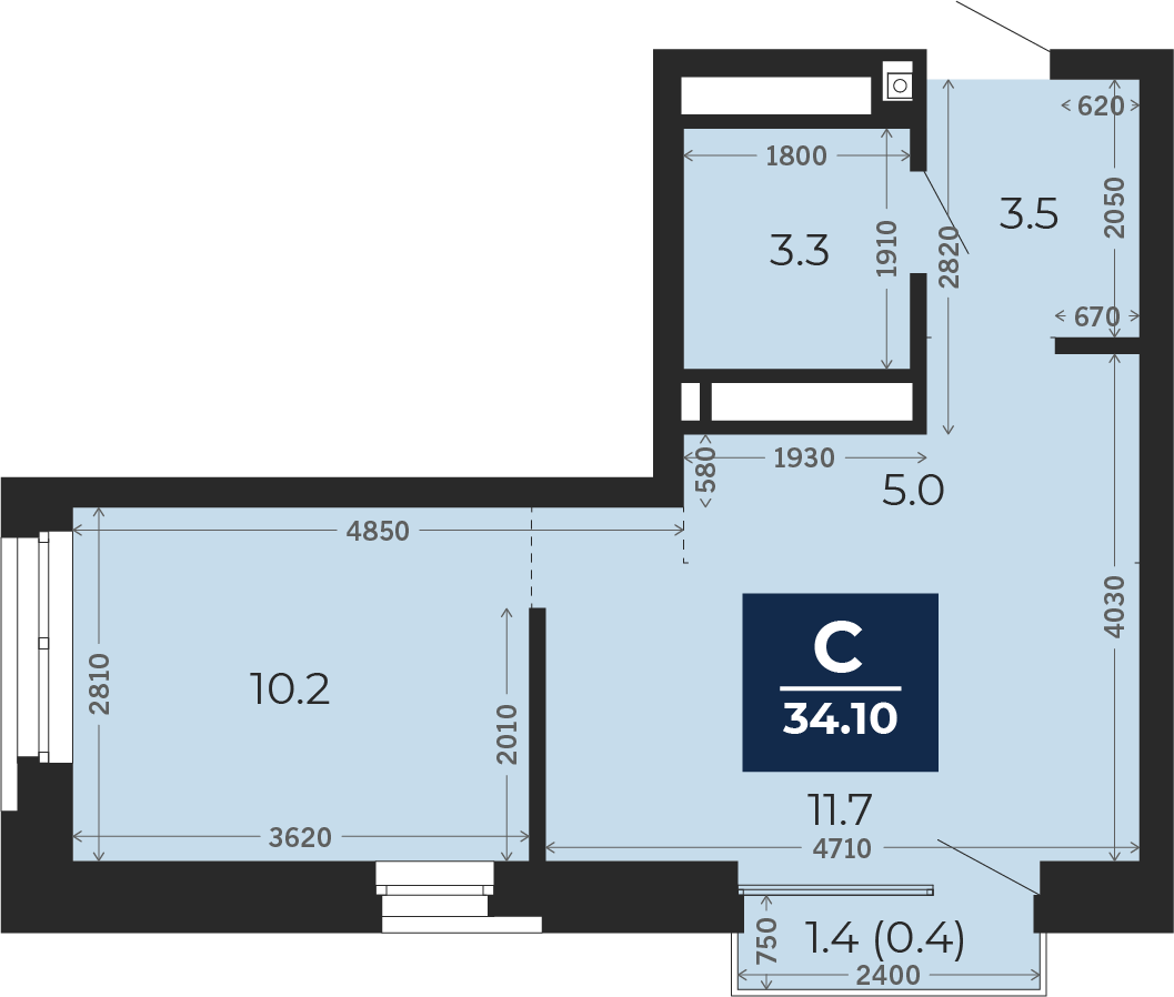 Квартира № 65, Студия, 34.1 кв. м, 13 этаж