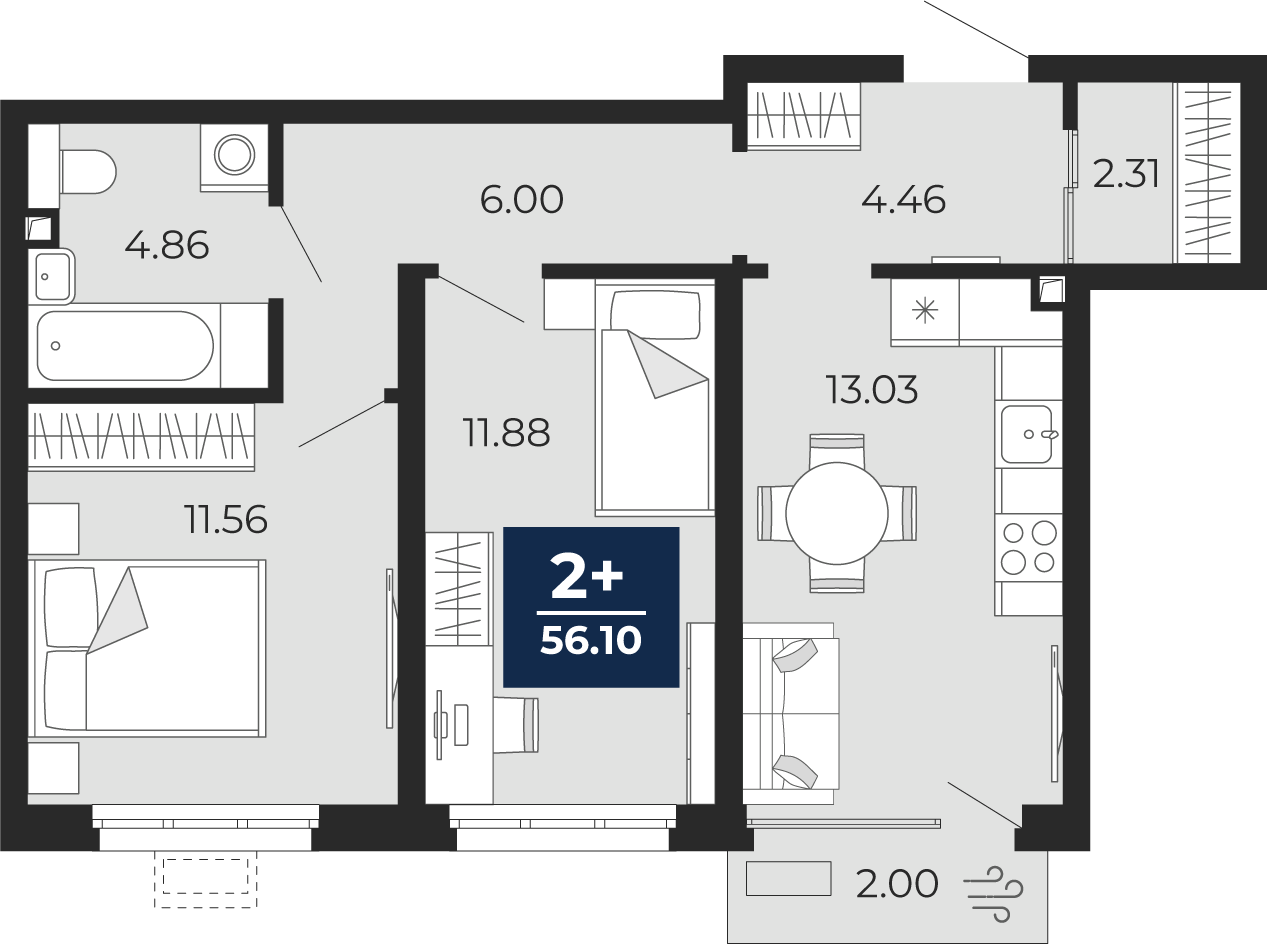 Квартира № 461, 2-комнатная, 56.1 кв. м, 2 этаж