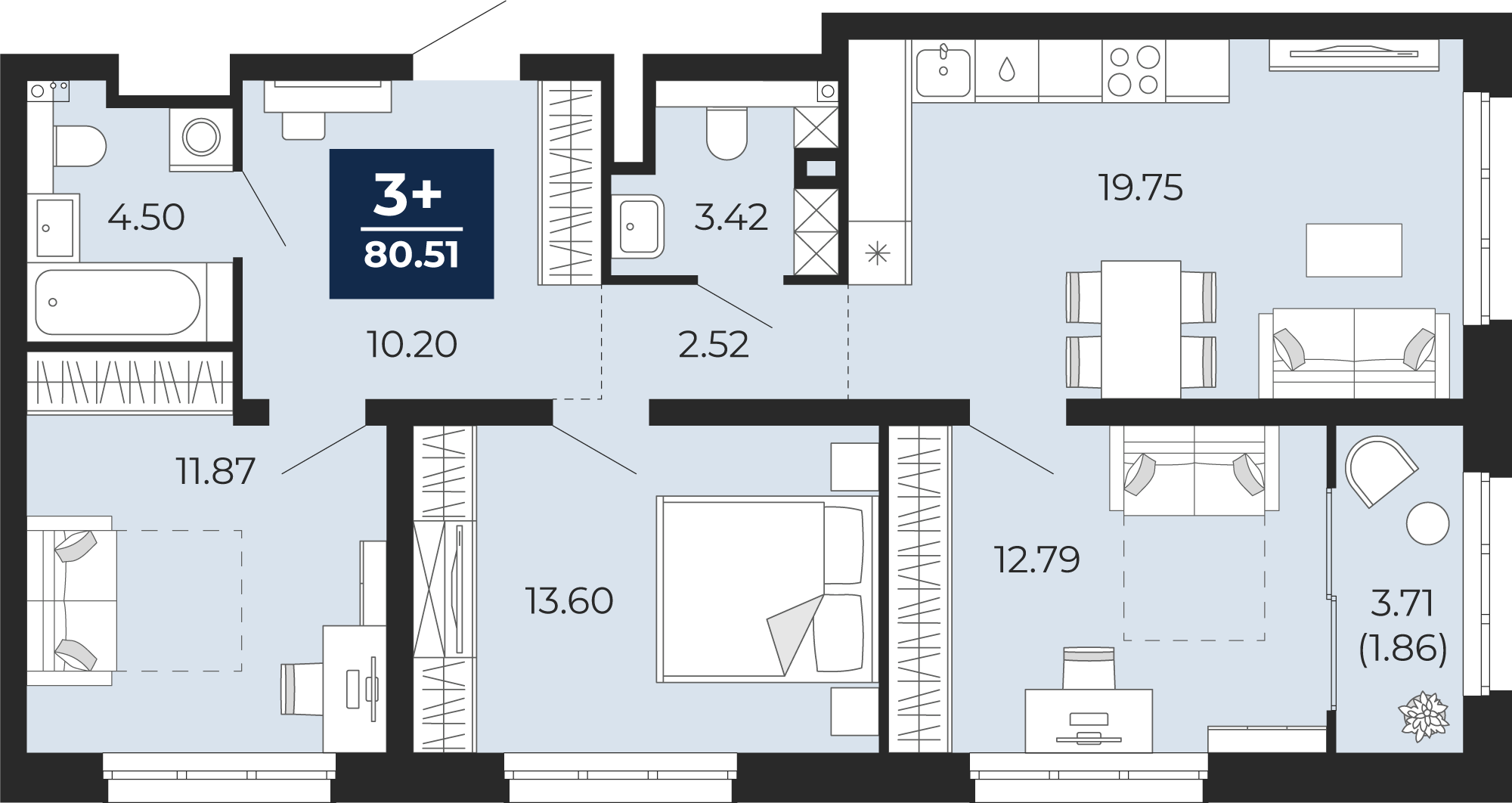 Квартира № 434, 3-комнатная, 80.51 кв. м, 2 этаж