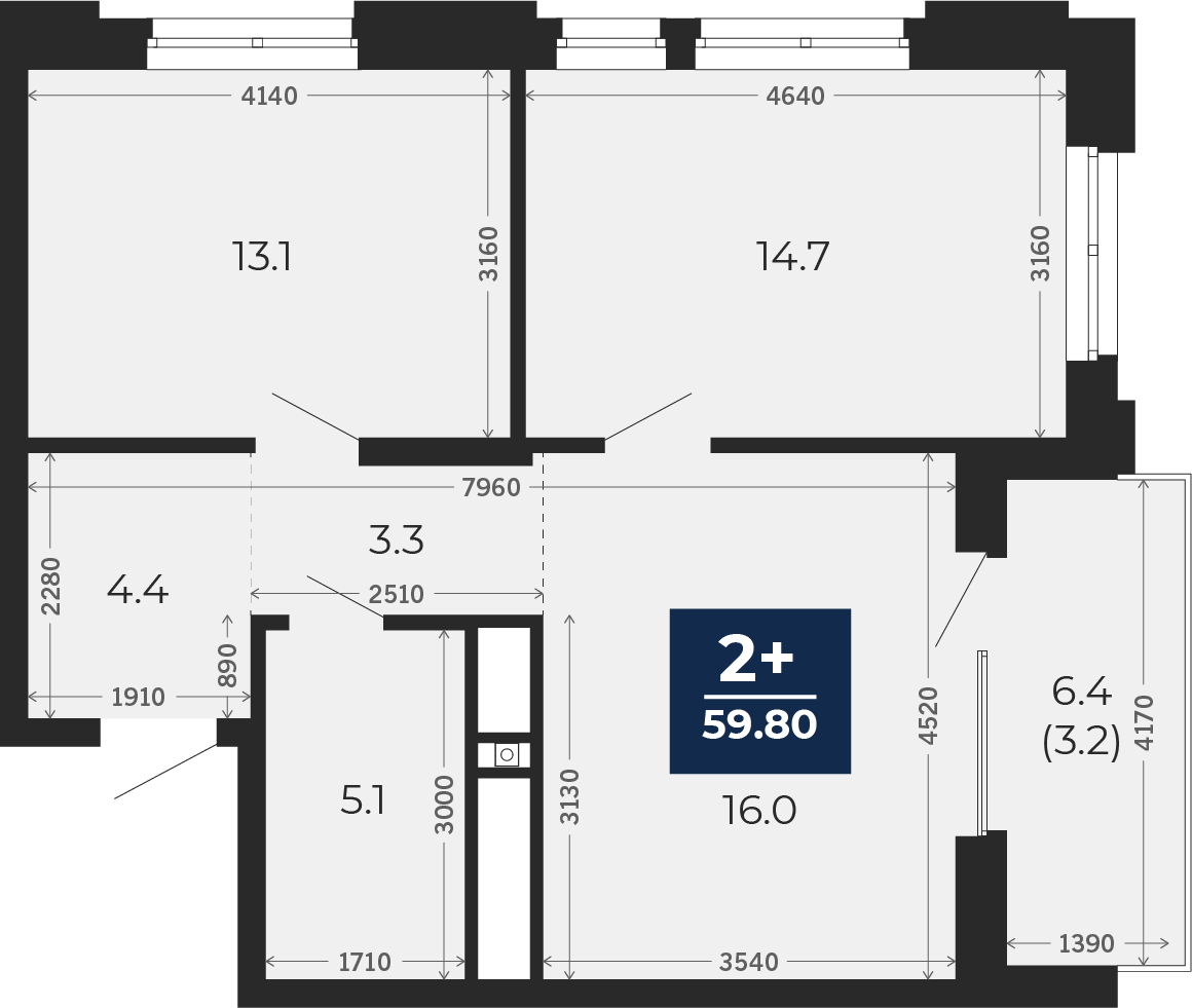 Квартира № 80, 2-комнатная, 59.8 кв. м, 15 этаж