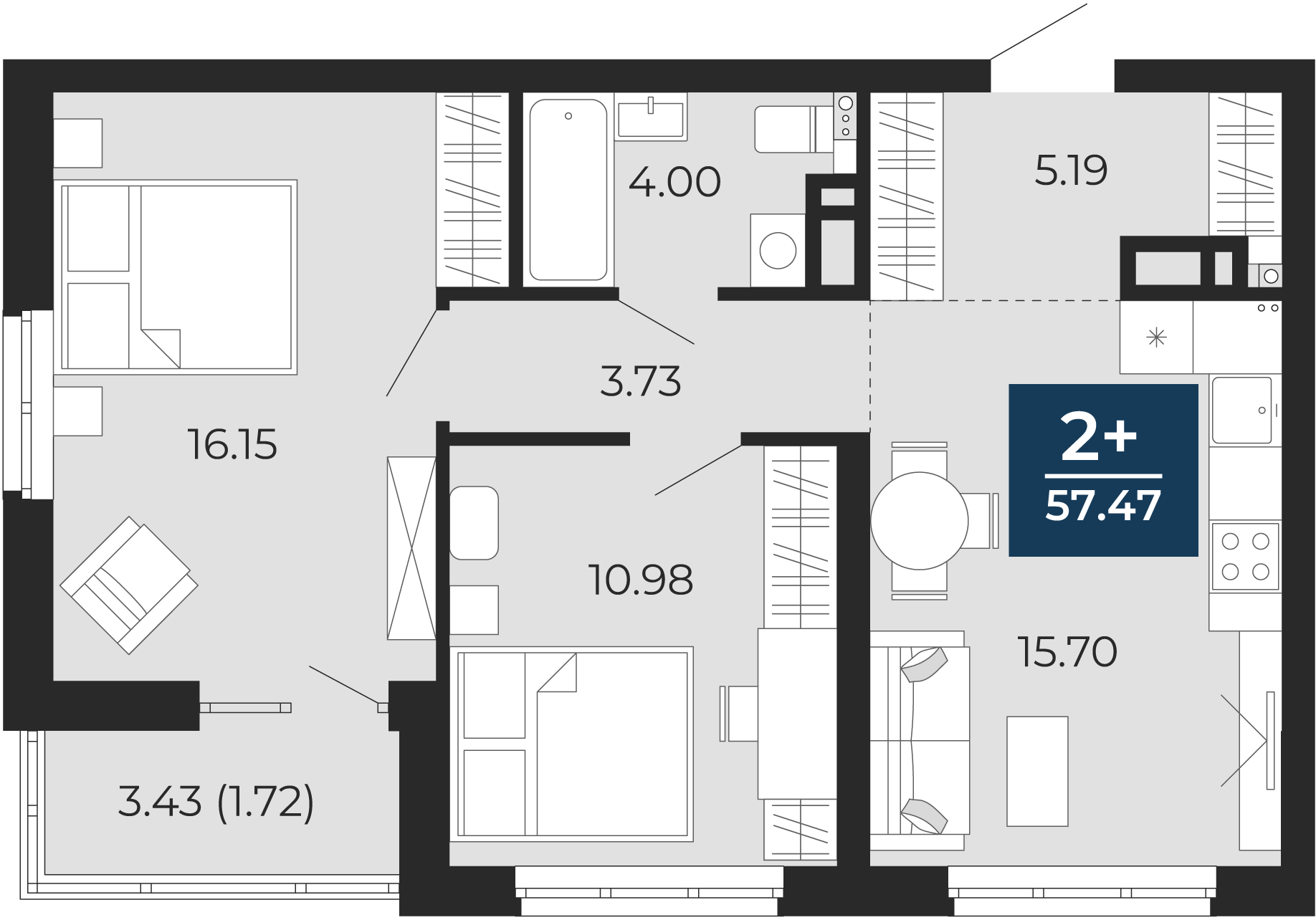Квартира № 25, 2-комнатная, 57.47 кв. м, 4 этаж