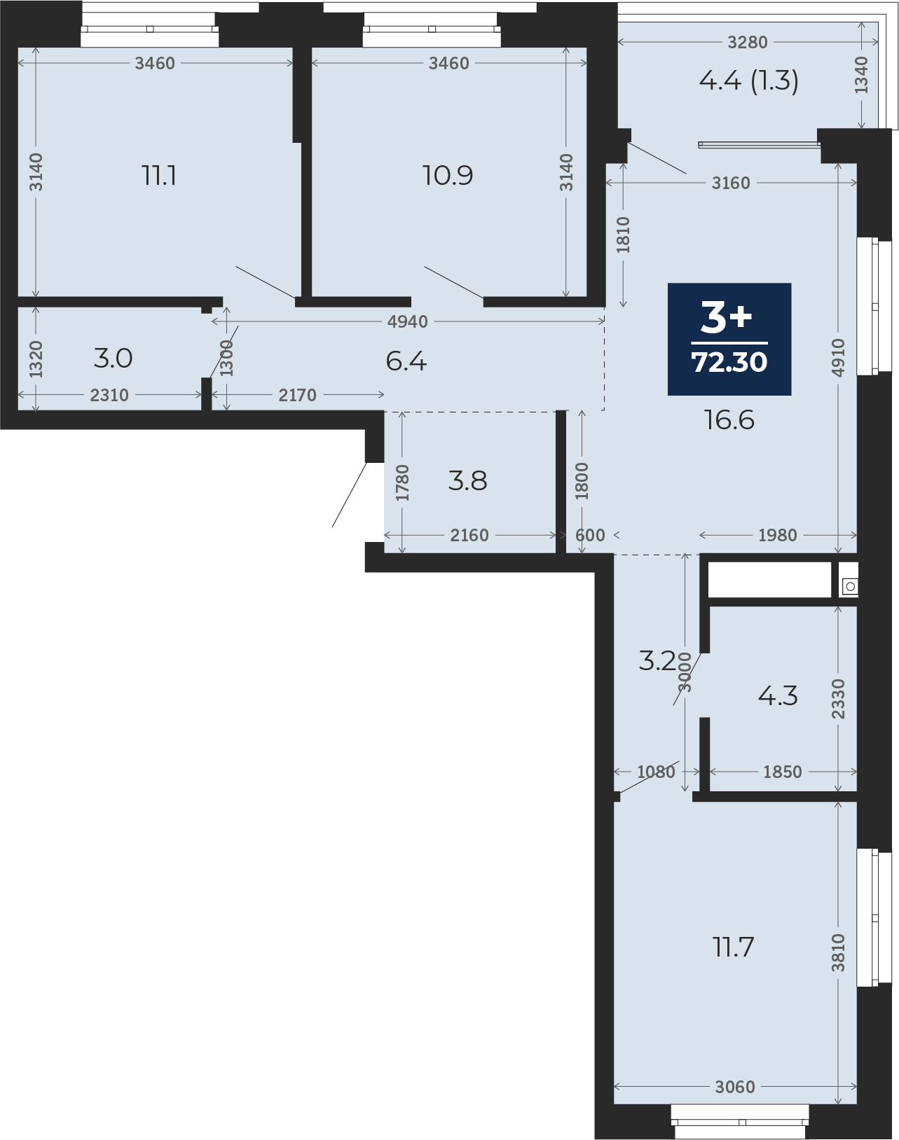 Квартира № 186, 3-комнатная, 72.3 кв. м, 15 этаж