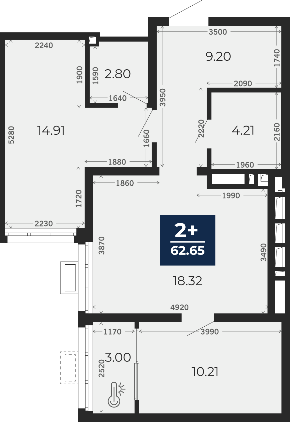 Квартира № 449, 2-комнатная, 62.65 кв. м, 23 этаж