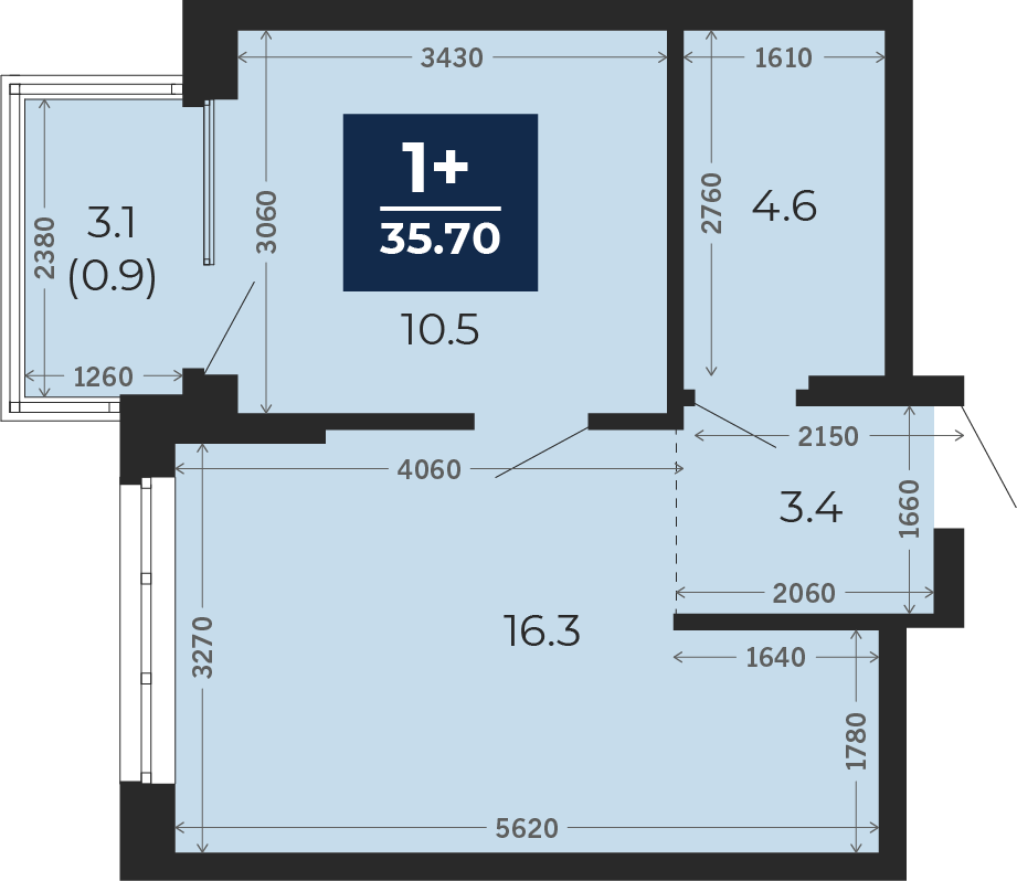 Квартира № 287, 1-комнатная, 35.7 кв. м, 13 этаж