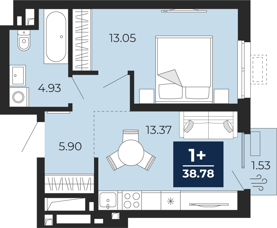 Квартира № 161, 1-комнатная, 38.78 кв. м, 2 этаж