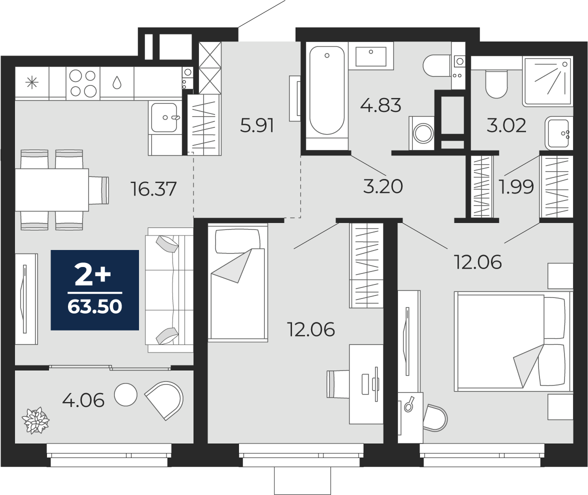 Планировка: Евротрешка 63.5 м² в ЖК Прео, Тюменская слобода