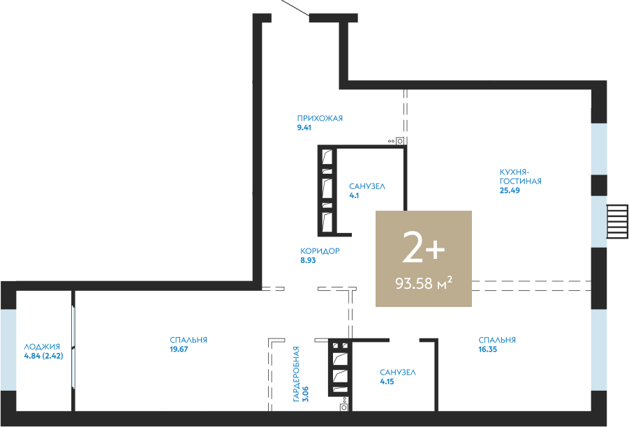 Квартира № 274, 2-комнатная, 93.58 кв. м, 3 этаж