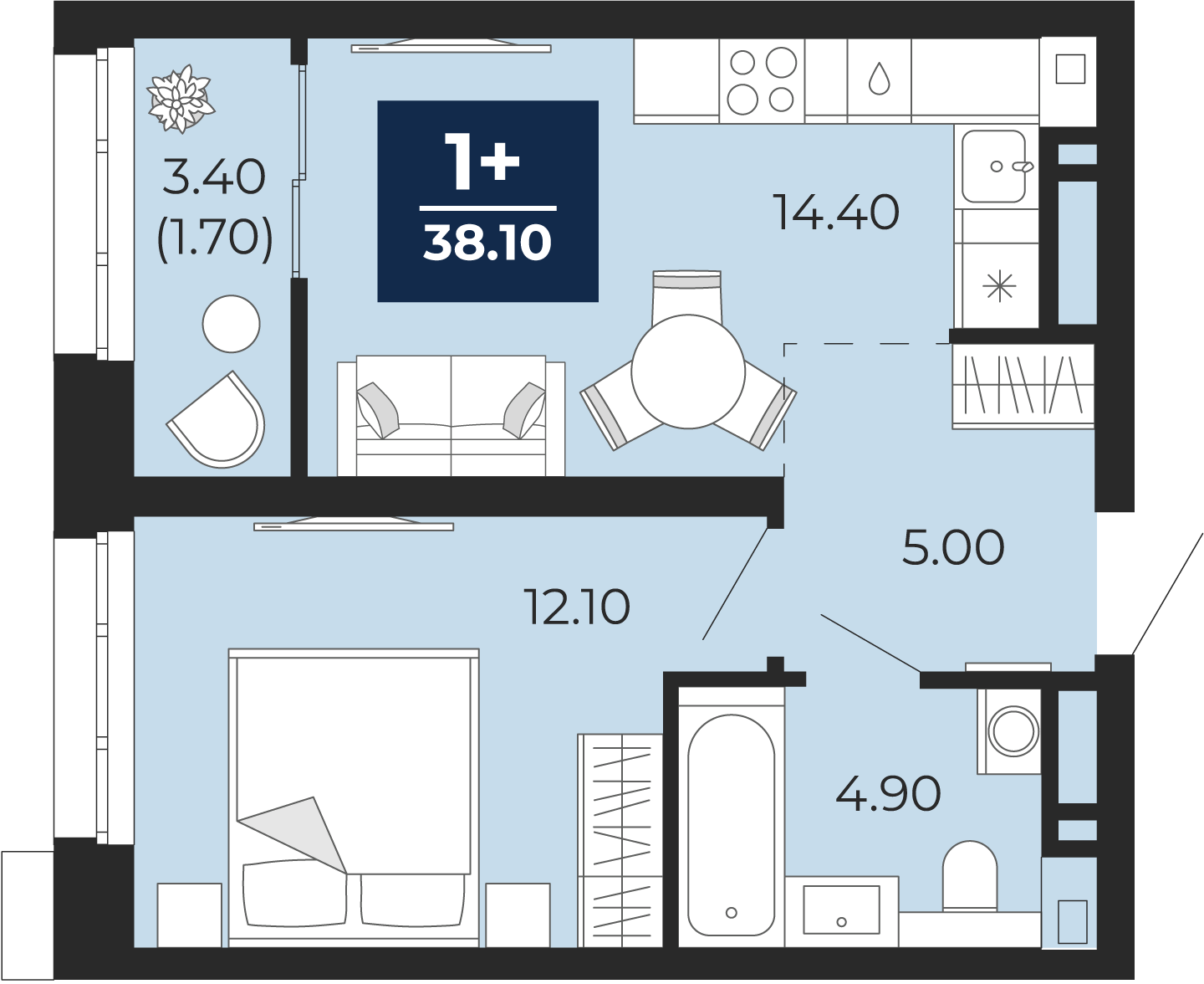 Квартира № 105, 1-комнатная, 38.1 кв. м, 3 этаж