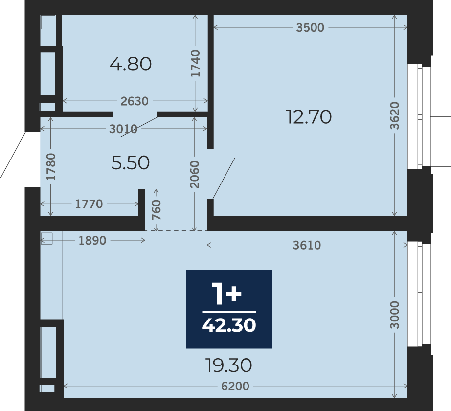 Квартира № 279, 1-комнатная, 42.3 кв. м, 22 этаж