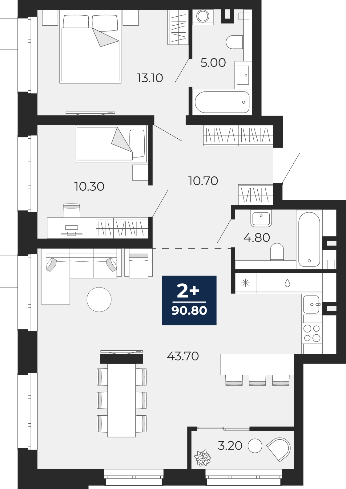 Квартира № 97, 2-комнатная, 90.8 кв. м, 2 этаж