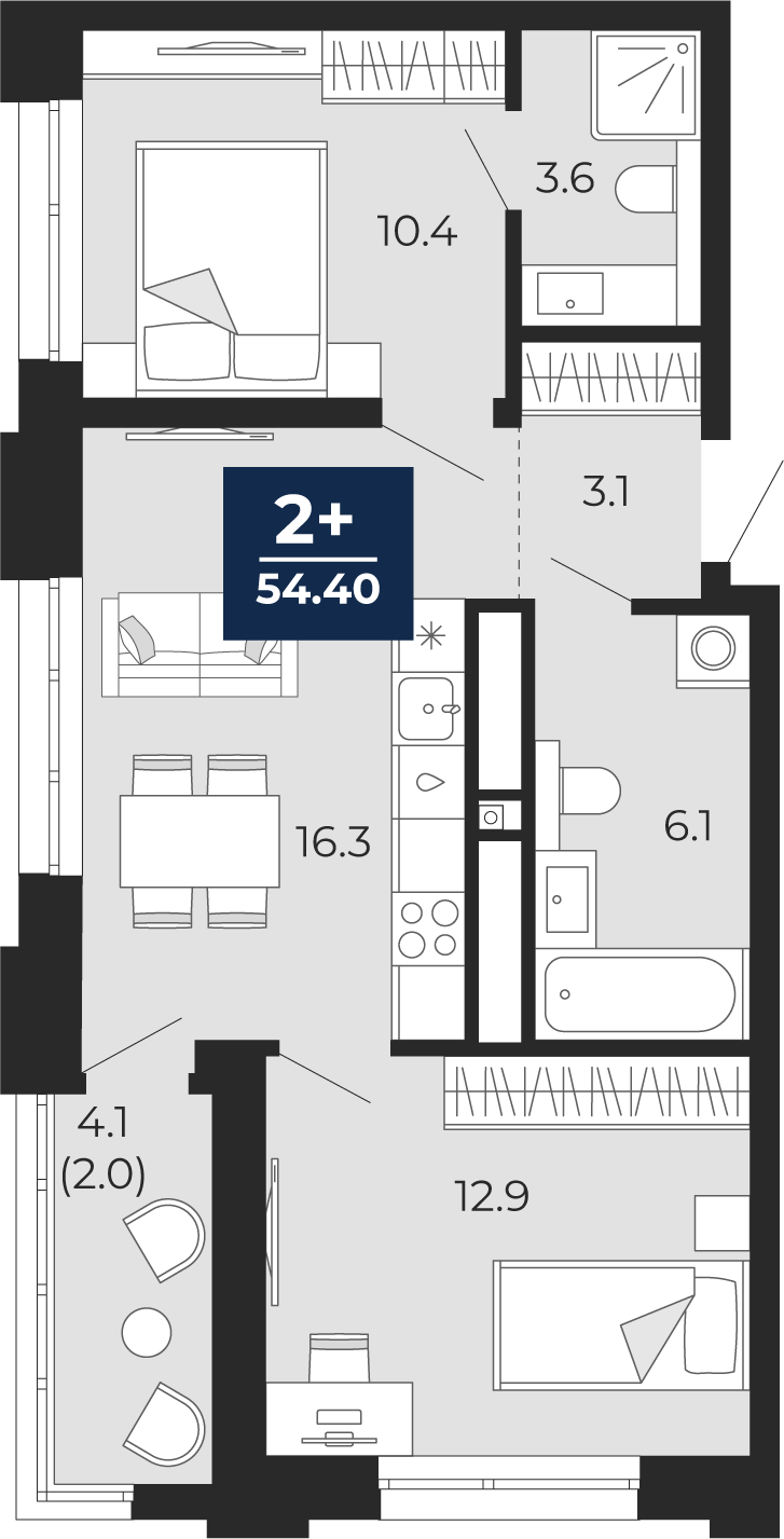 Квартира № 6, 2-комнатная, 54.4 кв. м, 2 этаж