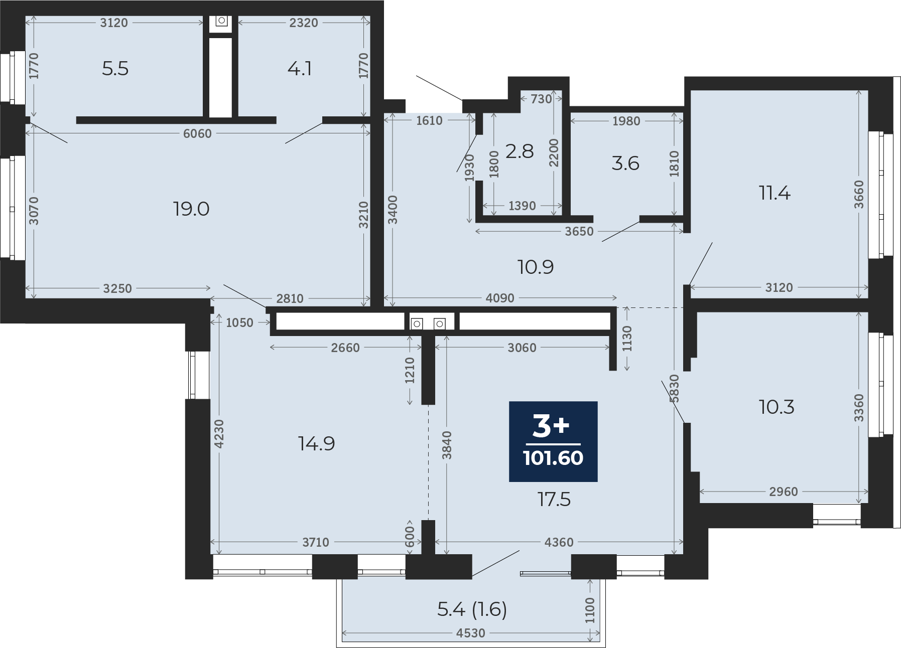 Квартира № 461, 3-комнатная, 101.6 кв. м, 13 этаж