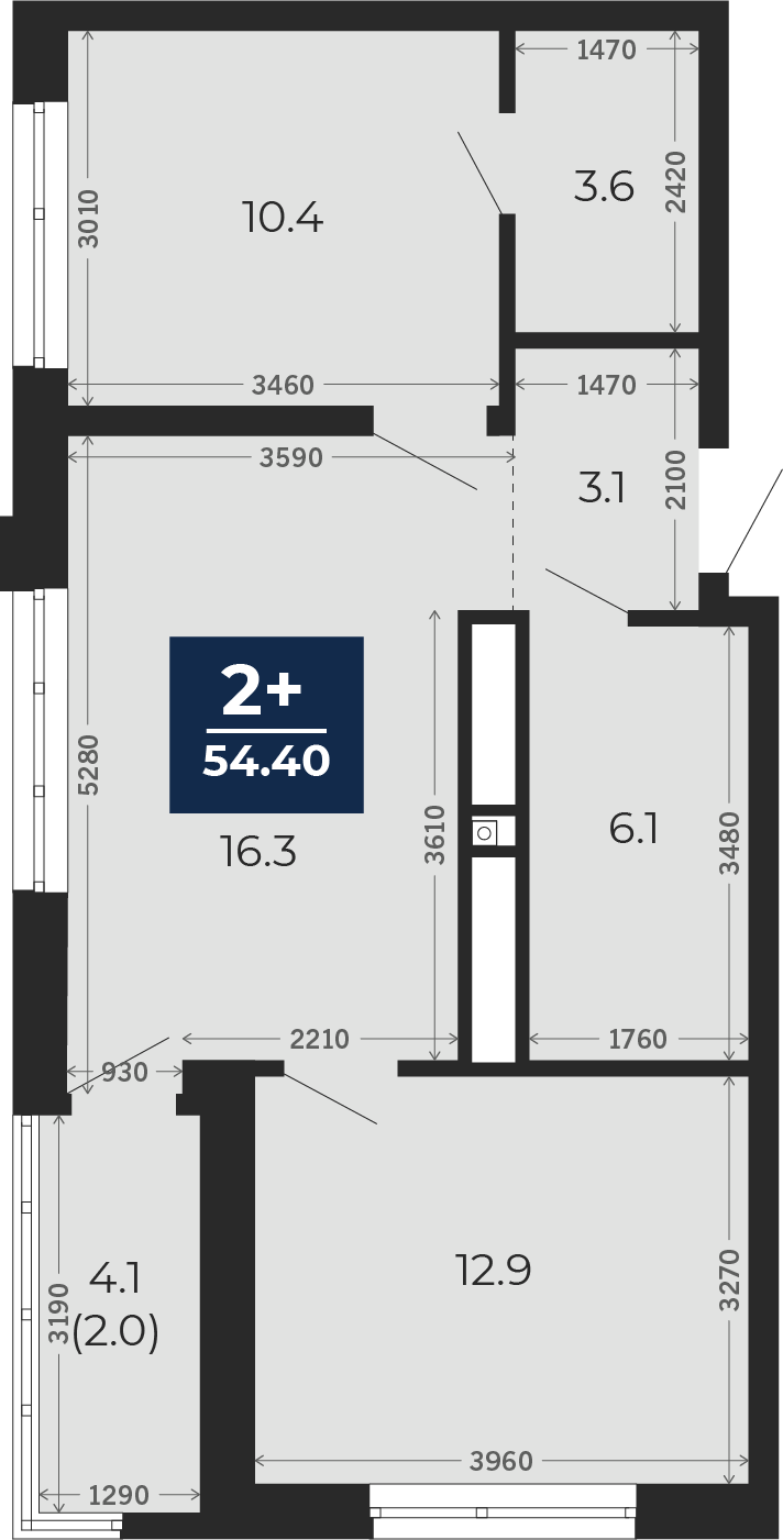 Квартира № 94, 2-комнатная, 54.4 кв. м, 13 этаж